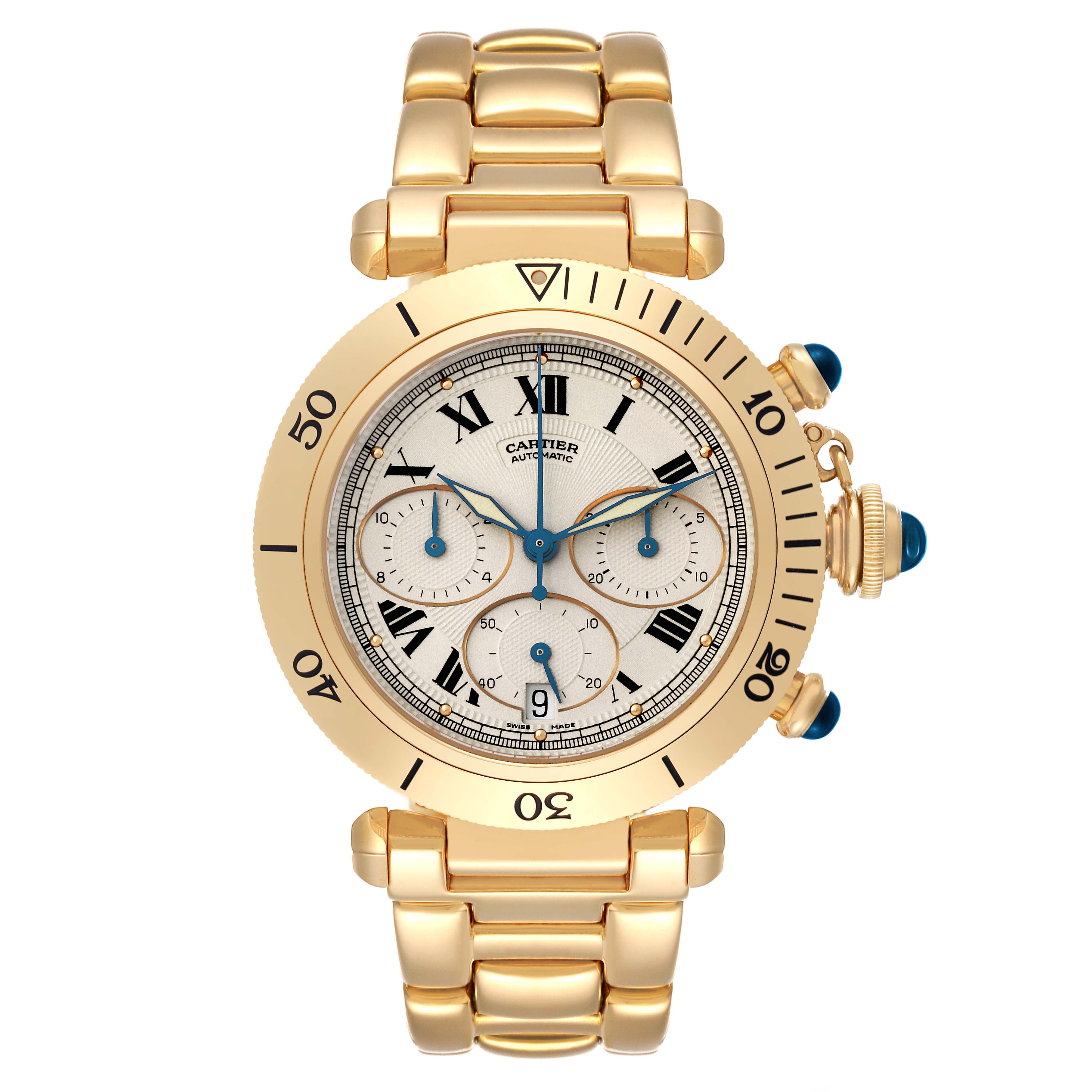 The image shows a frontal view of the Cartier Pasha W524428 Men
s Yellow Gold Silver Dial W524428 Men
s Yellow Gold Silver Dial watch, highlighting its gold case, bracelet, and chronograph dials.