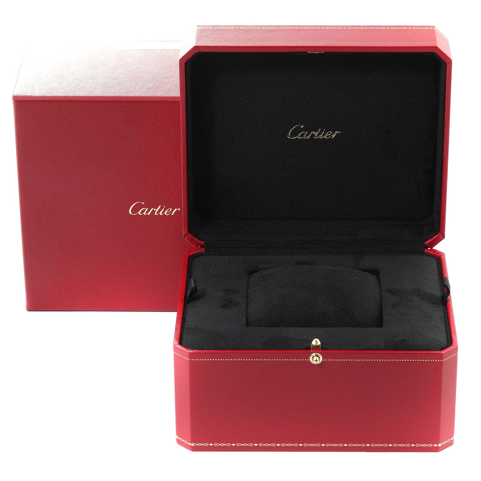 The image shows an open Cartier red box for the Pasha model watch, displaying its interior cushion and a gold latch.