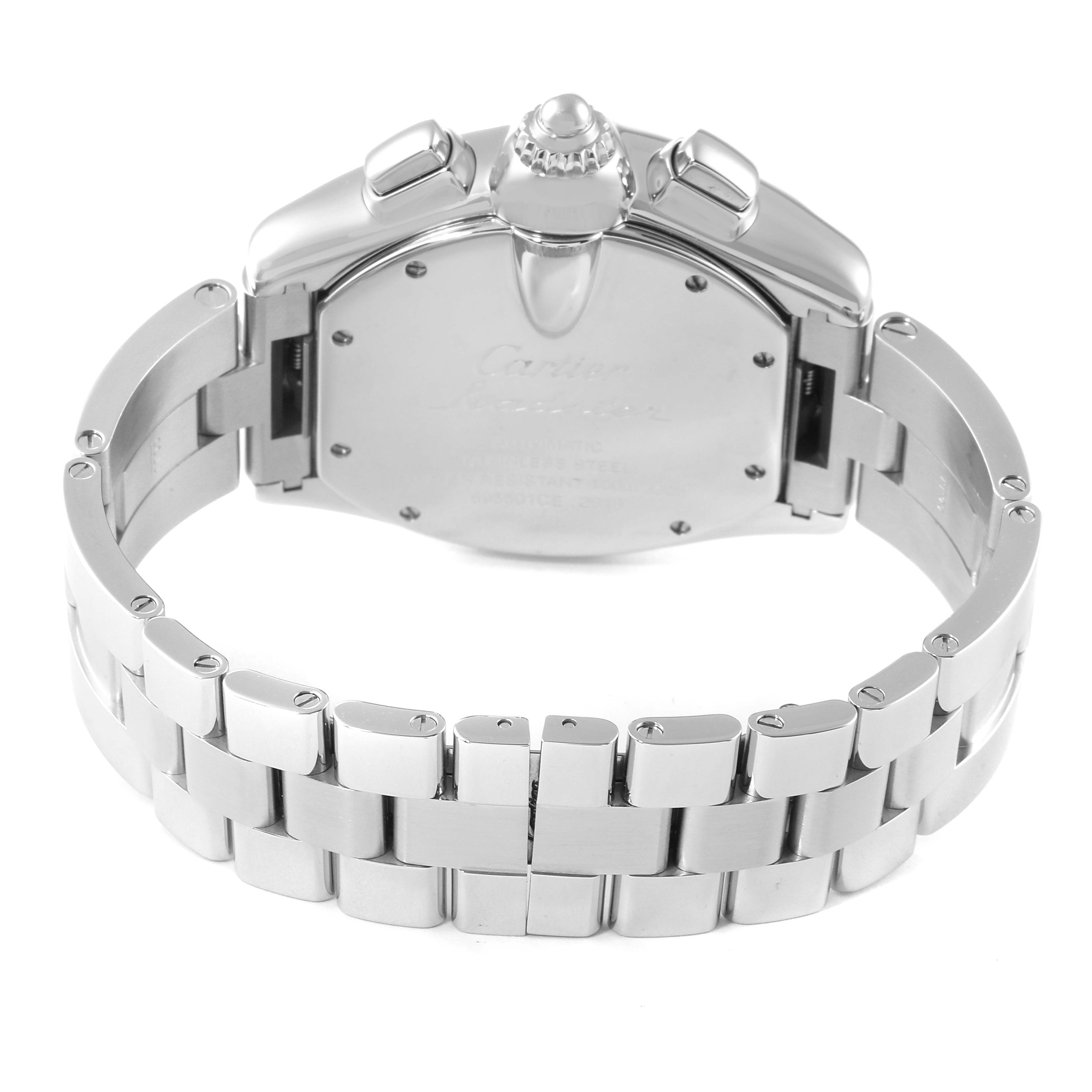 The image shows the back view of a Cartier Roadster W62020X6 Men's Stainless Steel Black Dial W62020X6 Men's Stainless Steel Black Dial watch, highlighting its case back and metal bracelet.