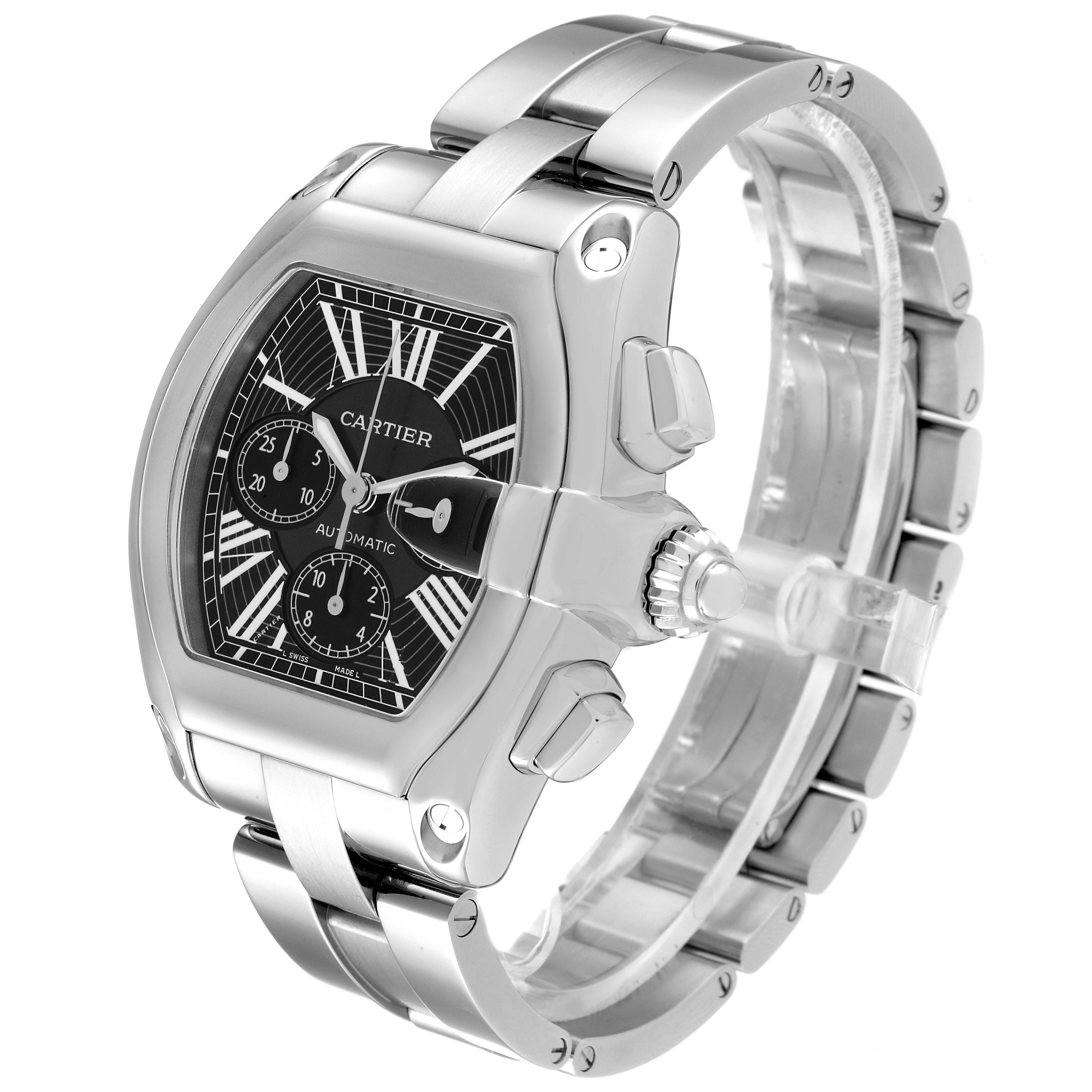 The image shows a Cartier Roadster W62020X6 Men's Stainless Steel Black Dial W62020X6 Men's Stainless Steel Black Dial watch at a three-quarter angle, highlighting the dial, crown, and stainless steel bracelet.