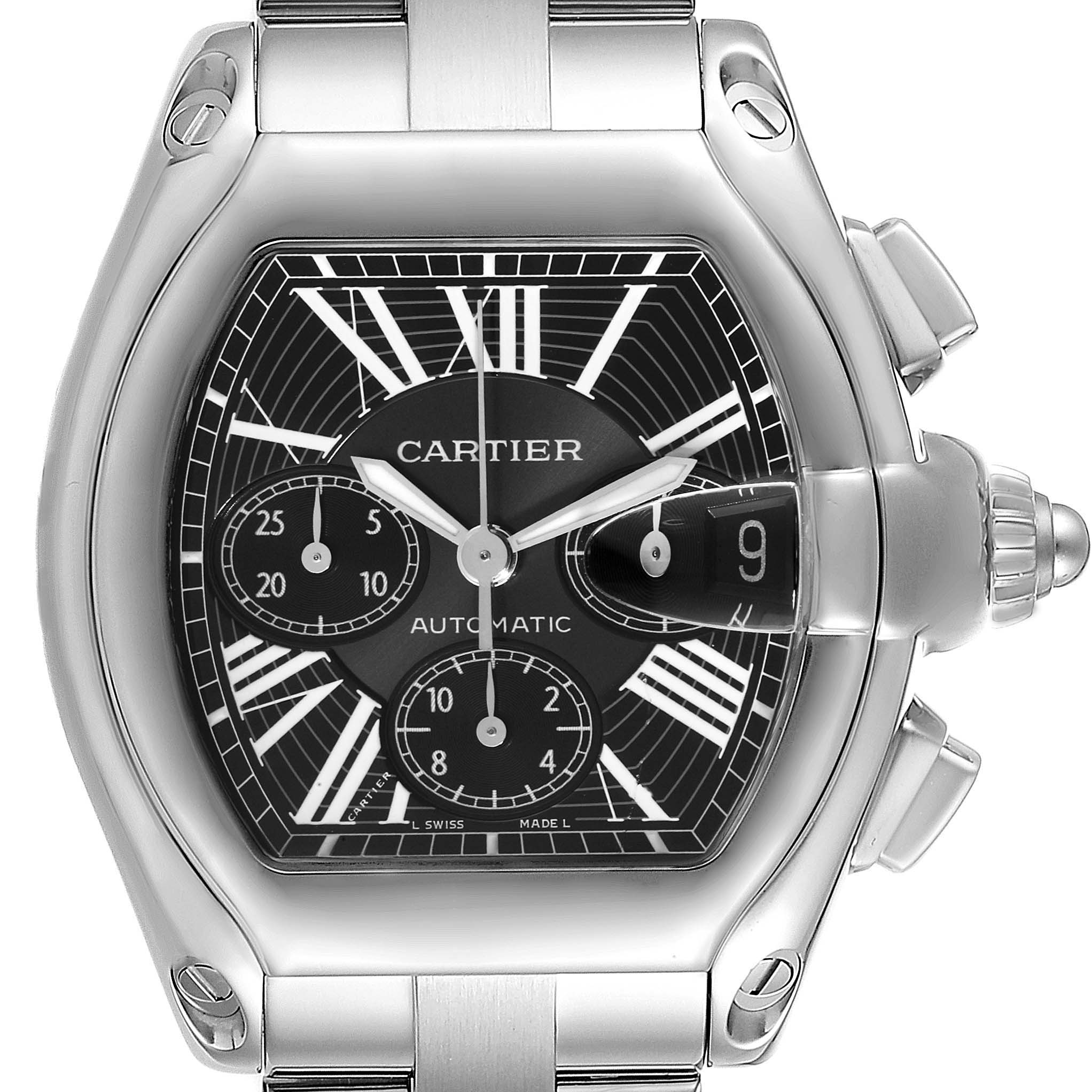 The image shows a close-up, front-facing view of the face and bezel of a Cartier Roadster W62020X6 Men's Stainless Steel Black Dial W62020X6 Men's Stainless Steel Black Dial model watch.