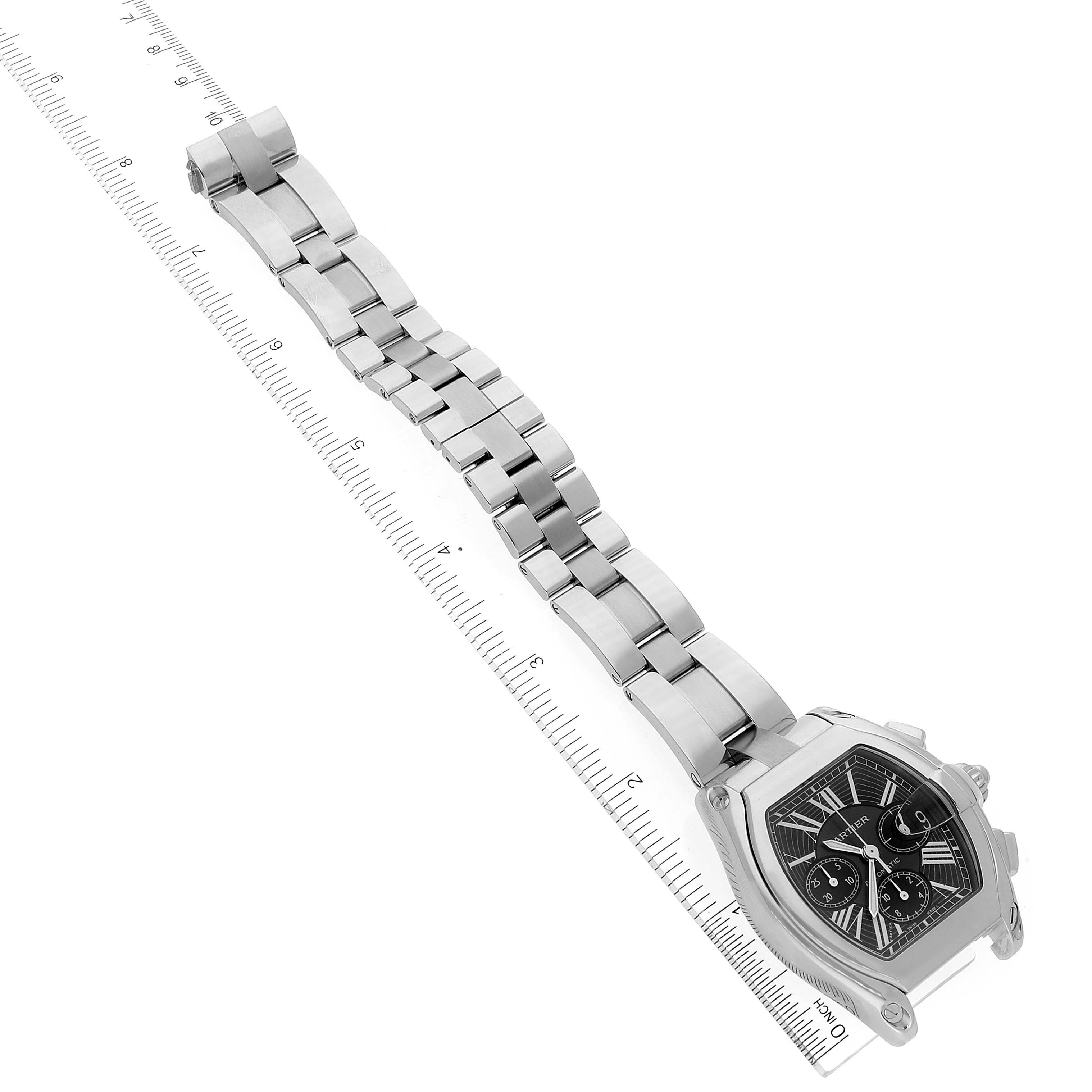The Cartier Roadster W62020X6 Men's Stainless Steel Black Dial W62020X6 Men's Stainless Steel Black Dial watch is shown from an angled top view, highlighting its face and full metal bracelet.