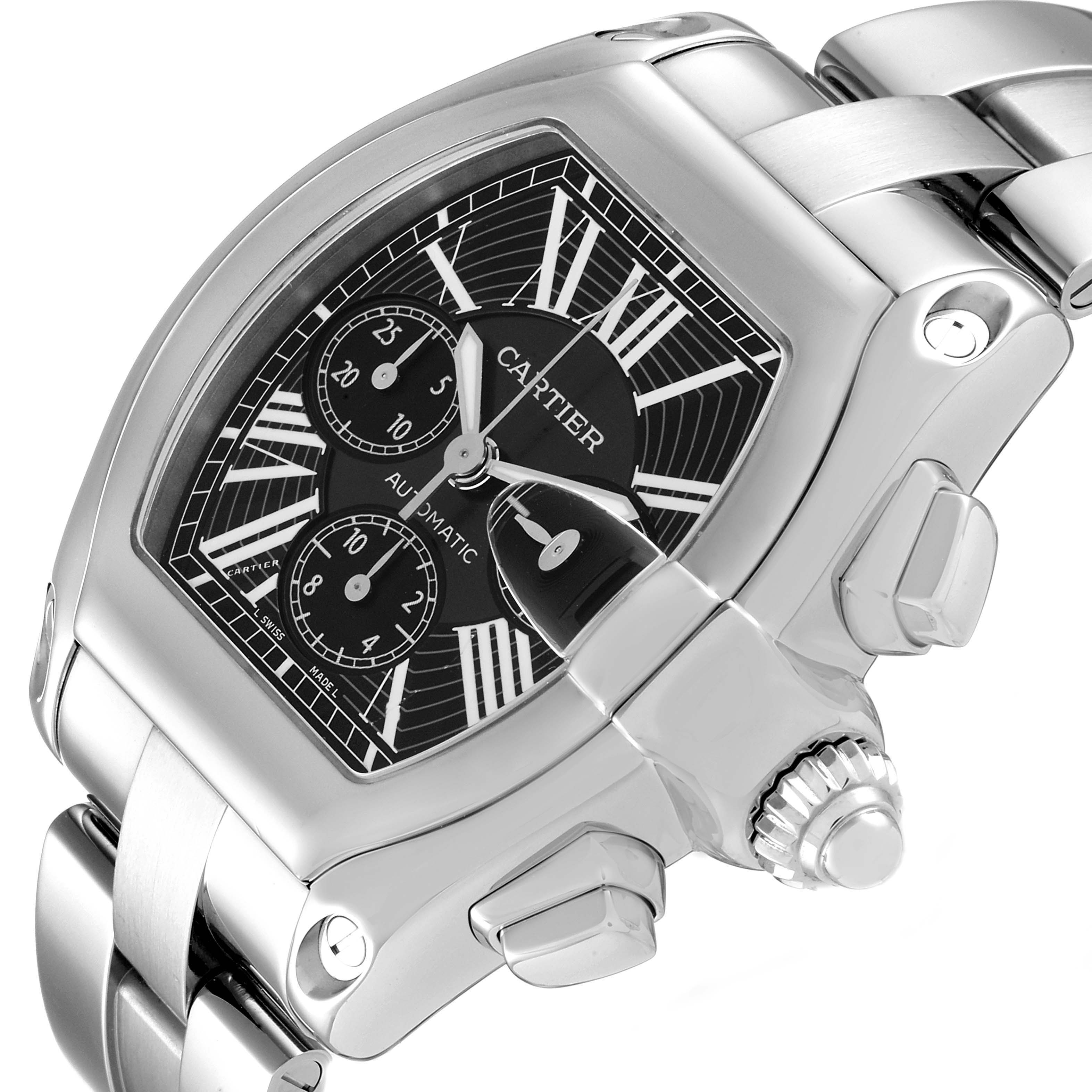 This image shows a close-up side angle of a Cartier Roadster W62020X6 Men's Stainless Steel Black Dial W62020X6 Men's Stainless Steel Black Dial watch, highlighting the dial, crown, and bracelet.