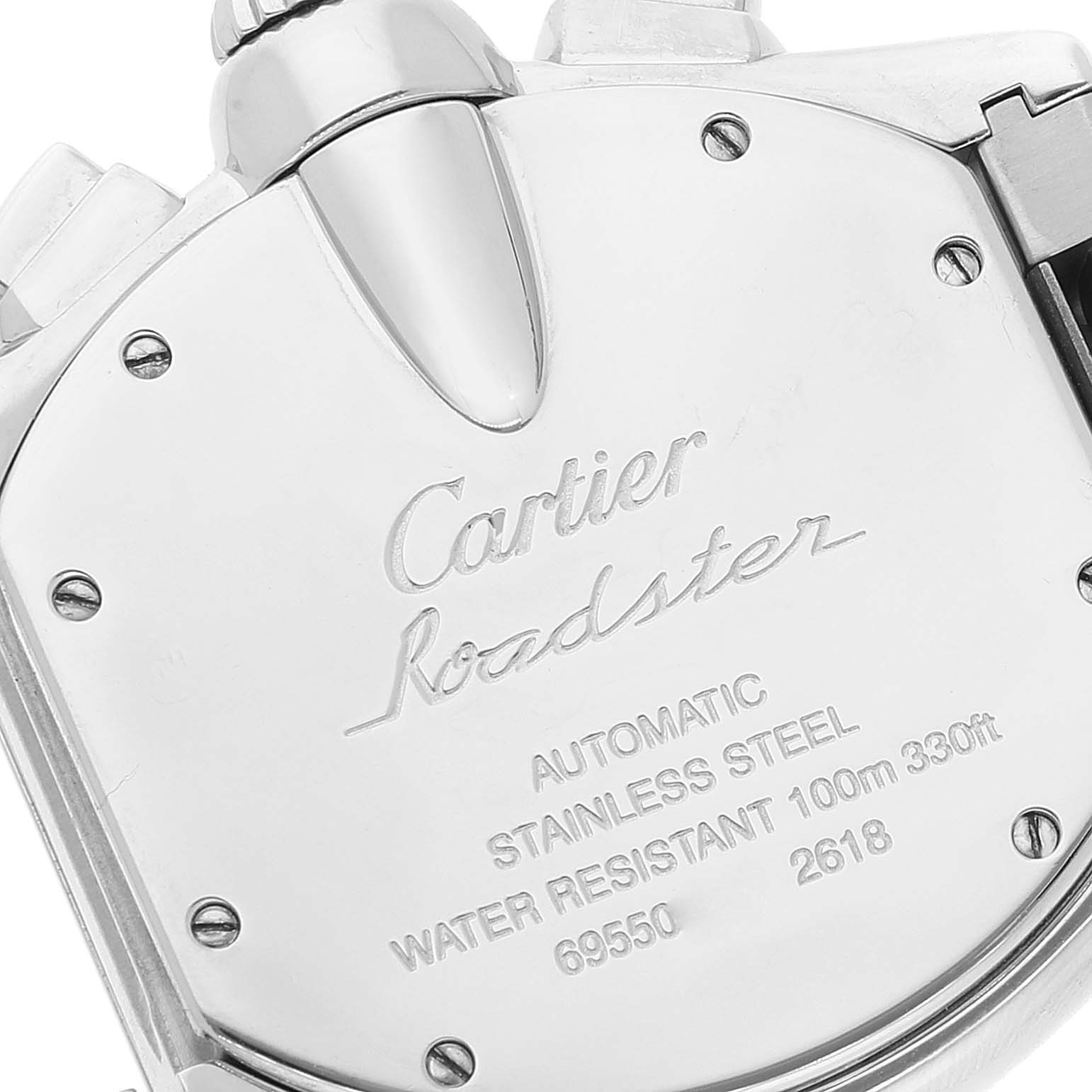 The image shows the case back of a Cartier Roadster W62020X6 Men's Stainless Steel Black Dial W62020X6 Men's Stainless Steel Black Dial watch, highlighting its engravings and details.