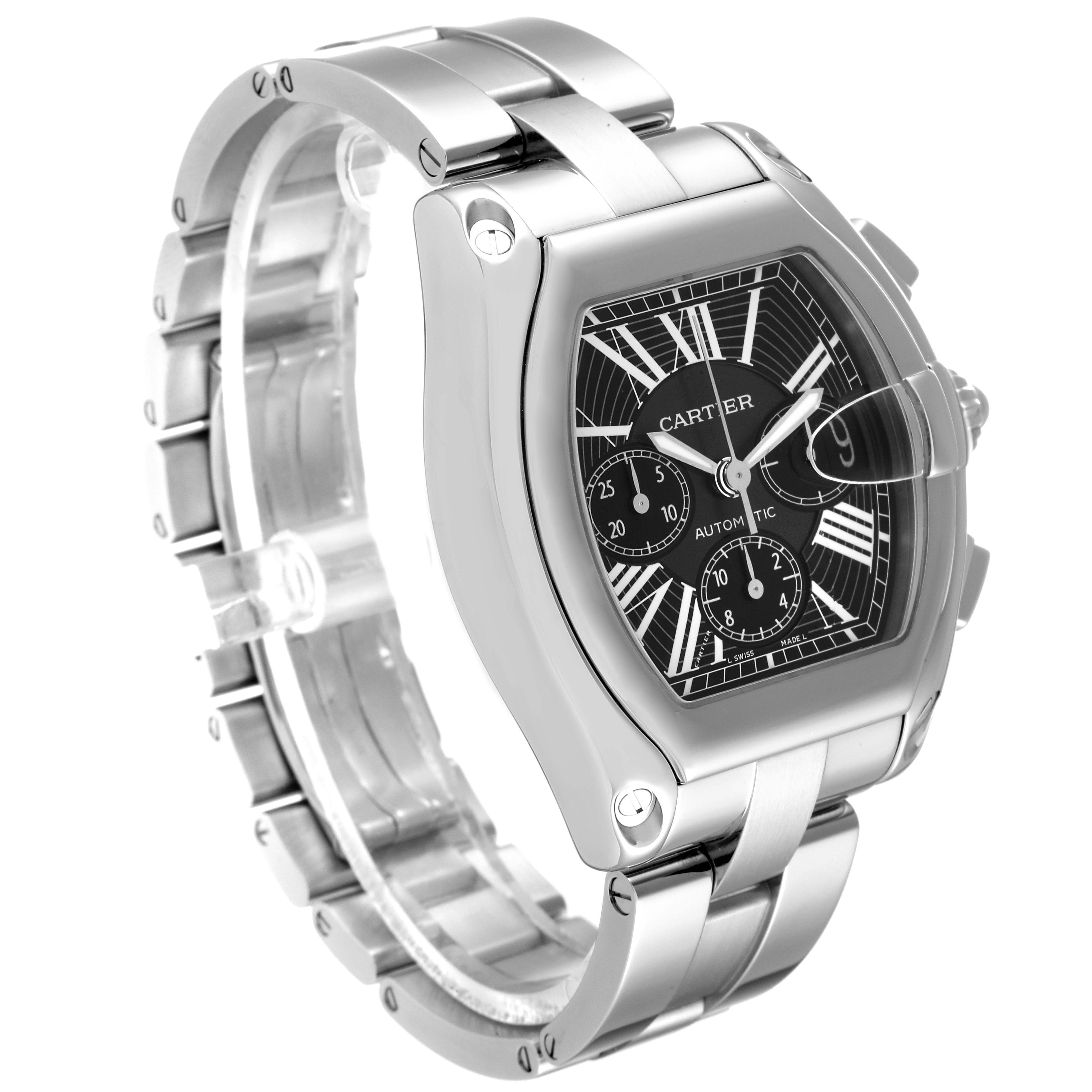 The image shows a Cartier Roadster W62020X6 Men's Stainless Steel Black Dial W62020X6 Men's Stainless Steel Black Dial watch at a 3/4 angle, highlighting its face, bezel, and bracelet.