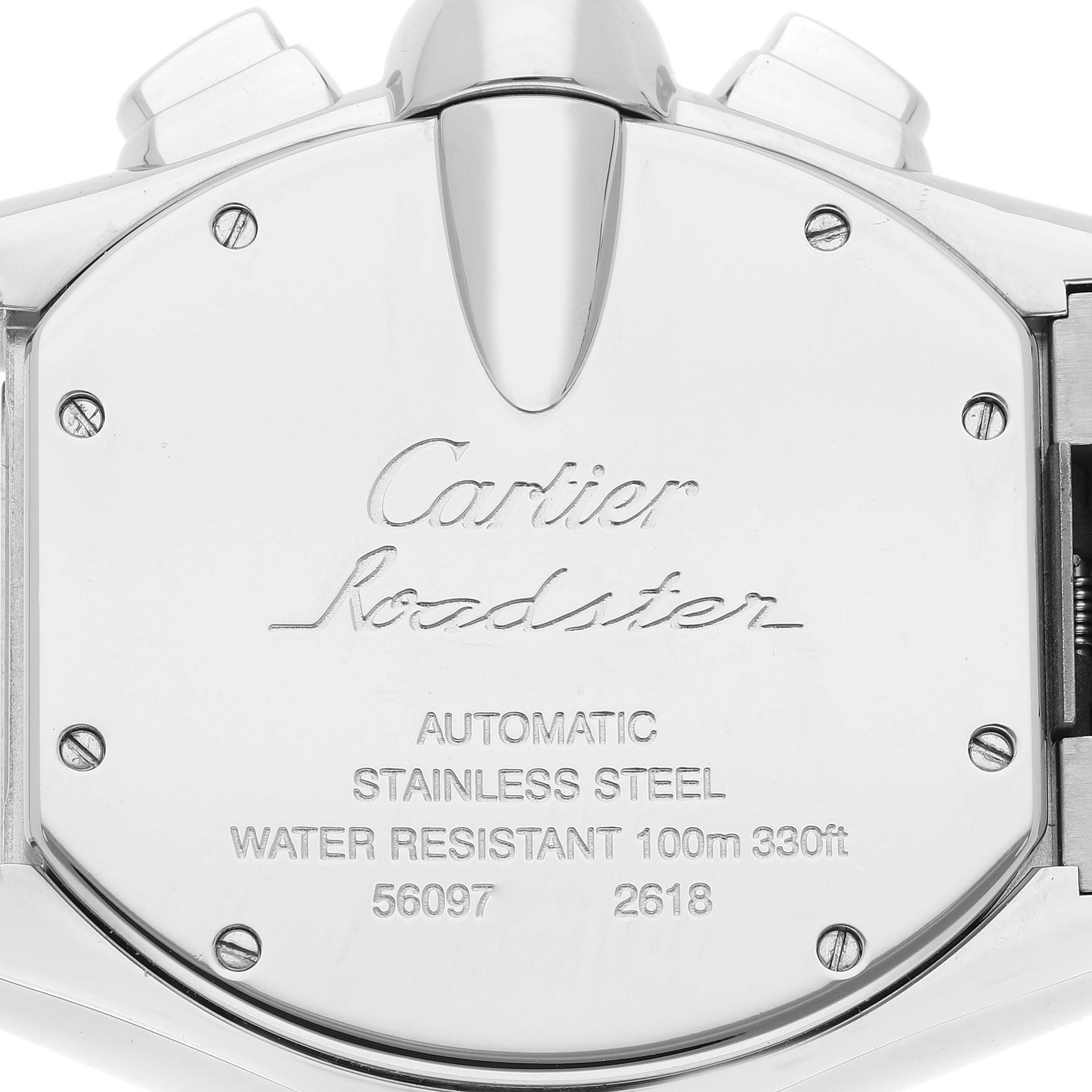 This image shows the back case of a Cartier Roadster W62019X6 Men
s Stainless Steel Silver Dial W62019X6 Men
s Stainless Steel Silver Dial watch, highlighting the engraved model details.