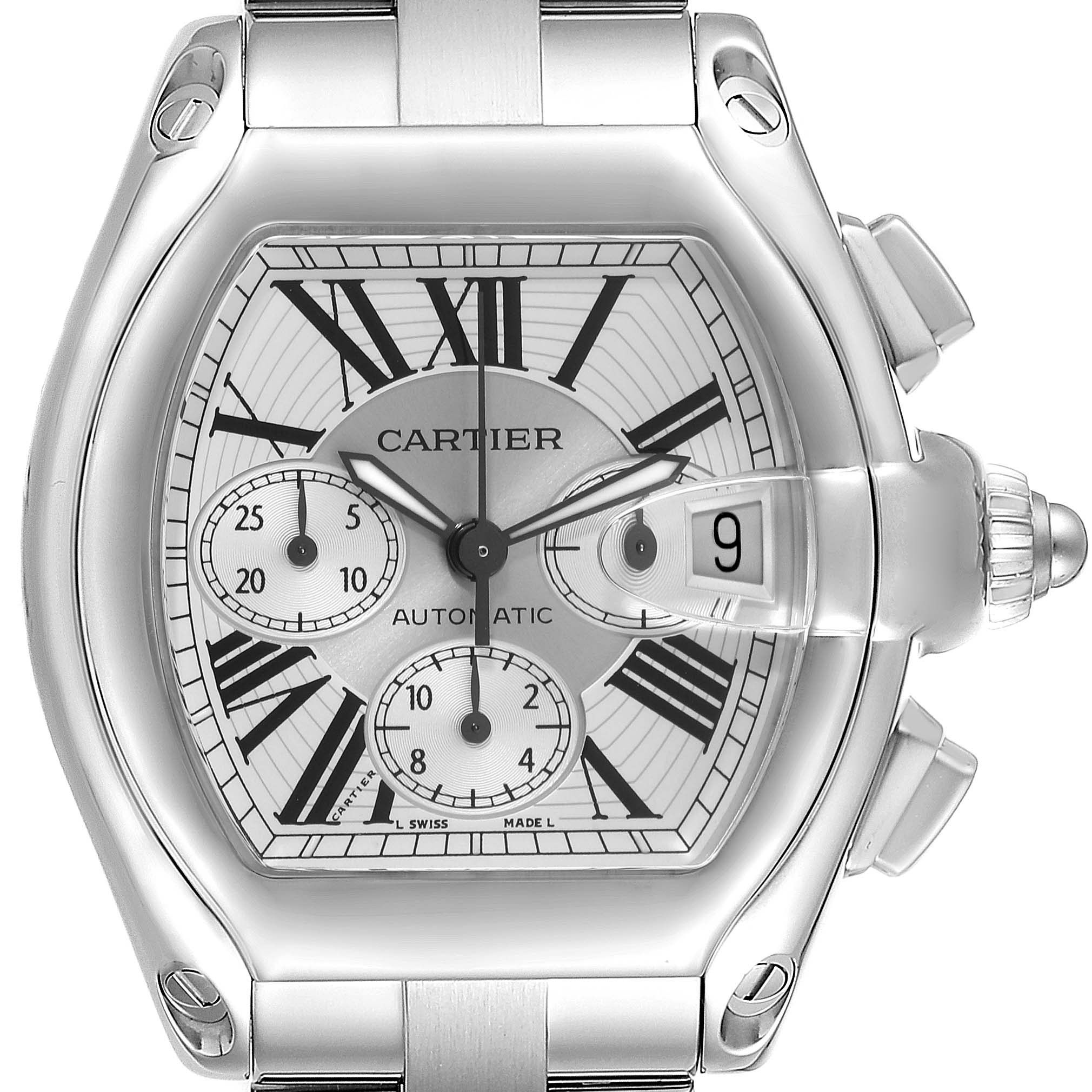 This image shows a frontal view of the Cartier Roadster W62019X6 Men
s Stainless Steel Silver Dial W62019X6 Men
s Stainless Steel Silver Dial watch, highlighting its dial, bracelet, and crown.