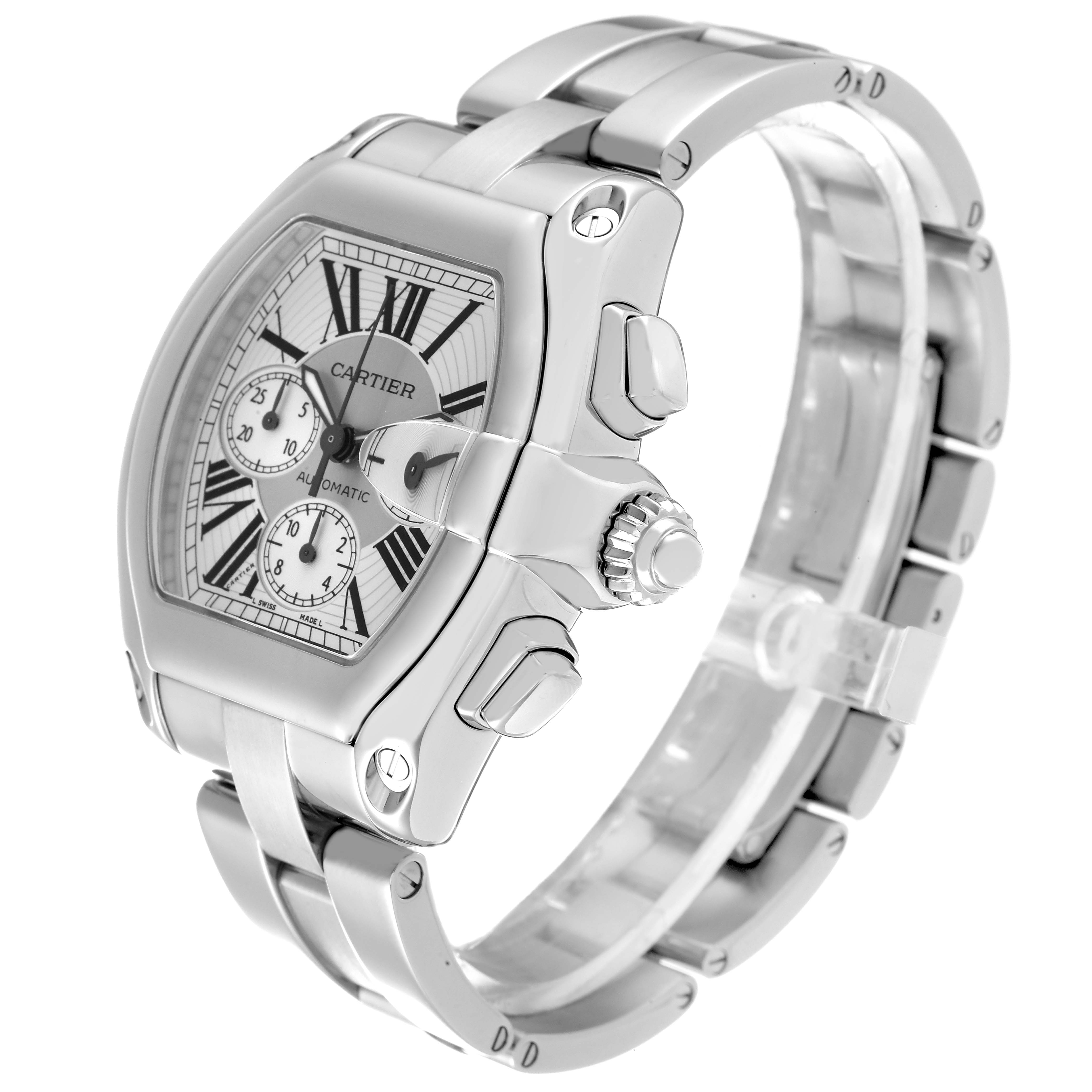 The image shows a Cartier Roadster W62019X6 Men
s Stainless Steel Silver Dial W62019X6 Men
s Stainless Steel Silver Dial watch at an angle displaying its face, crown, and bracelet.