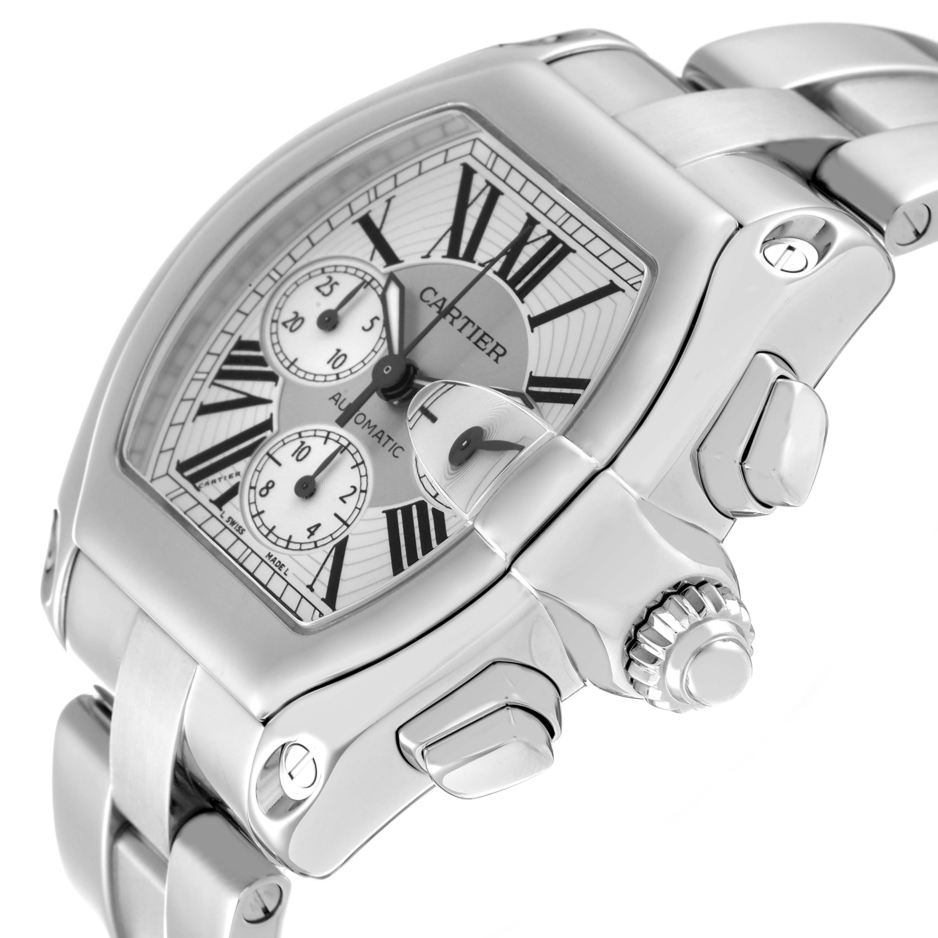 The image shows a close-up angle of a Cartier Roadster W62019X6 Men
s Stainless Steel Silver Dial W62019X6 Men
s Stainless Steel Silver Dial watch, highlighting the dial, crown, and part of the bracelet.