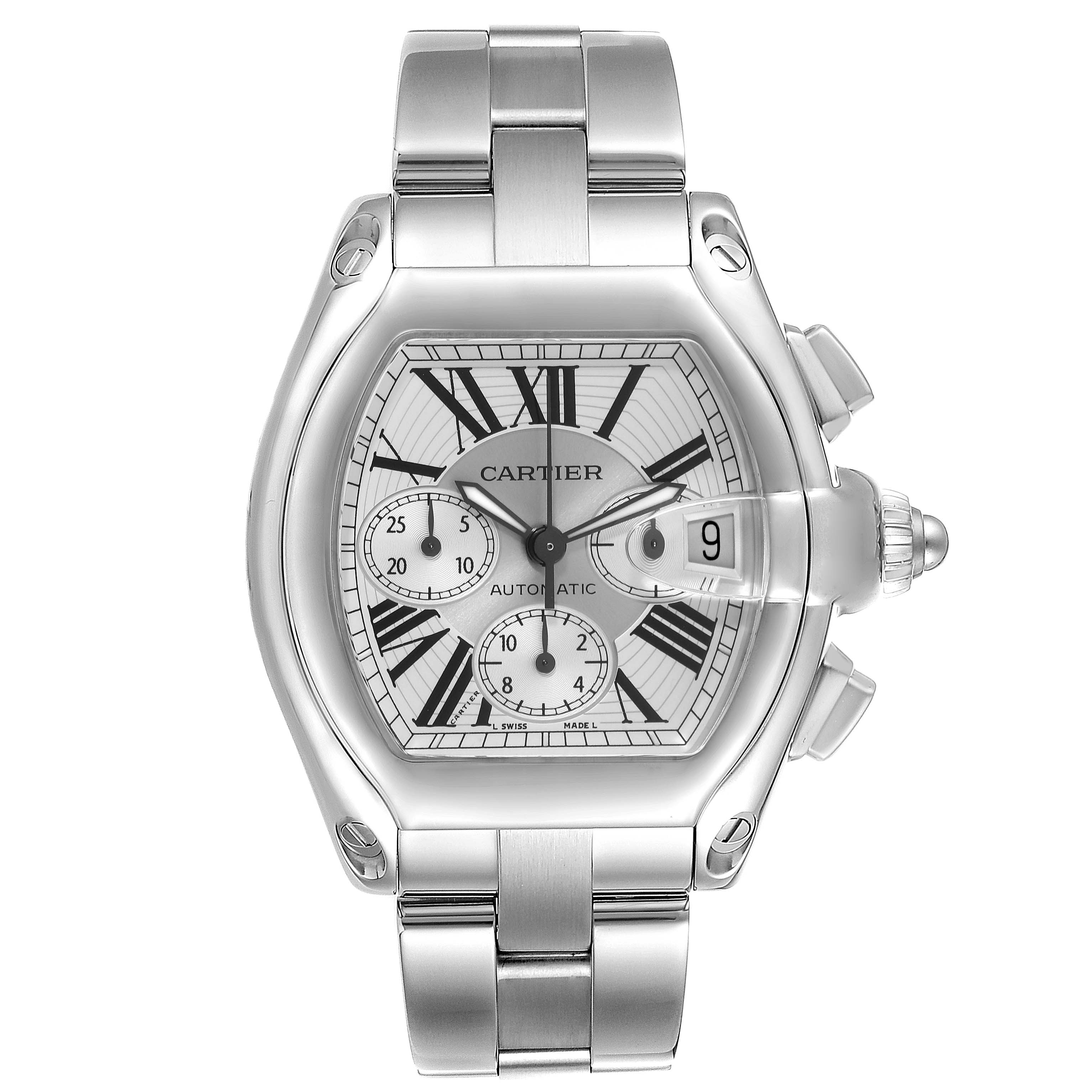 The image shows a Cartier Roadster W62019X6 Men
s Stainless Steel Silver Dial W62019X6 Men
s Stainless Steel Silver Dial watch from the front, highlighting the dial, case, and bracelet.