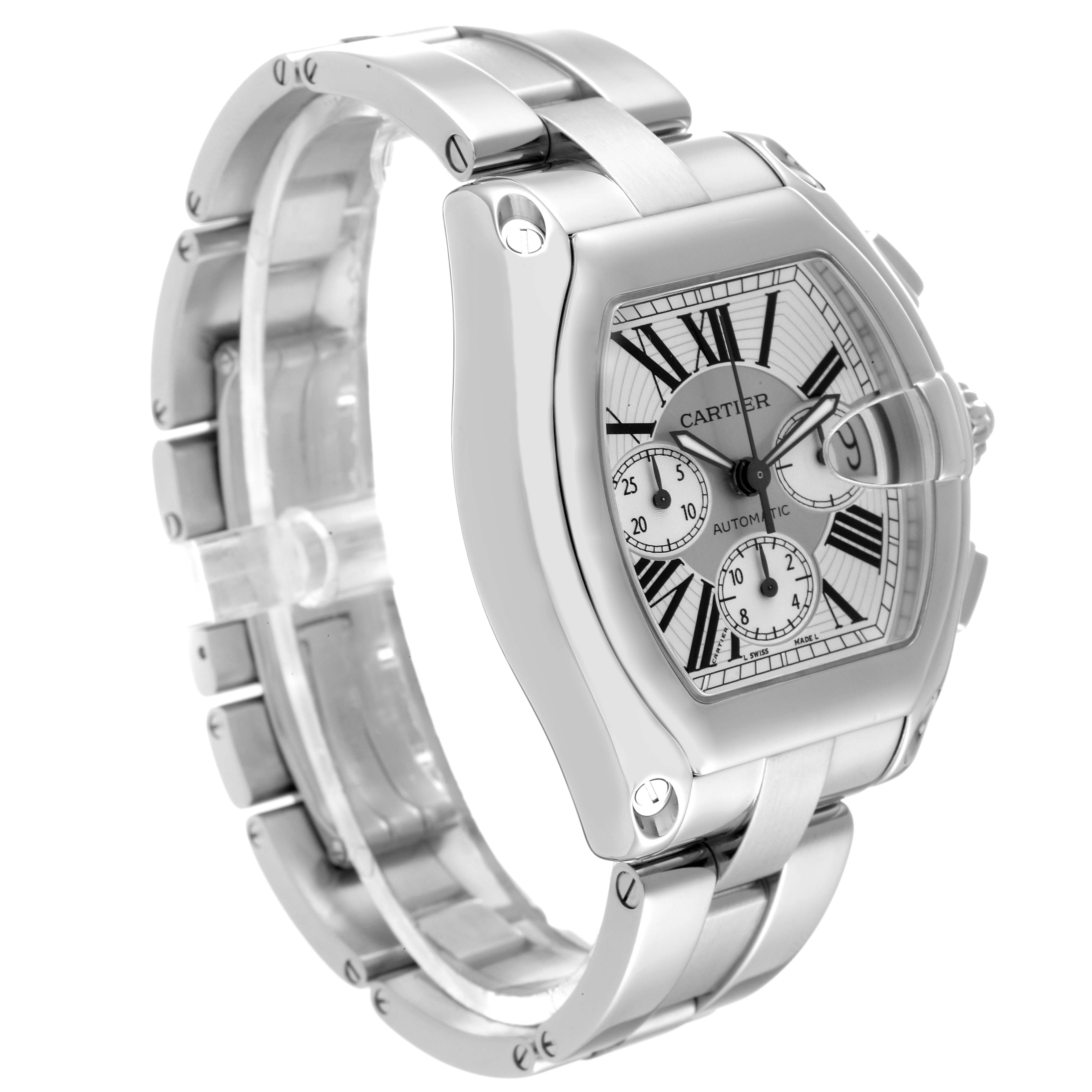 The image shows a Cartier Roadster W62019X6 Men
s Stainless Steel Silver Dial W62019X6 Men
s Stainless Steel Silver Dial watch at a three-quarter front angle, highlighting its face and stainless steel bracelet.