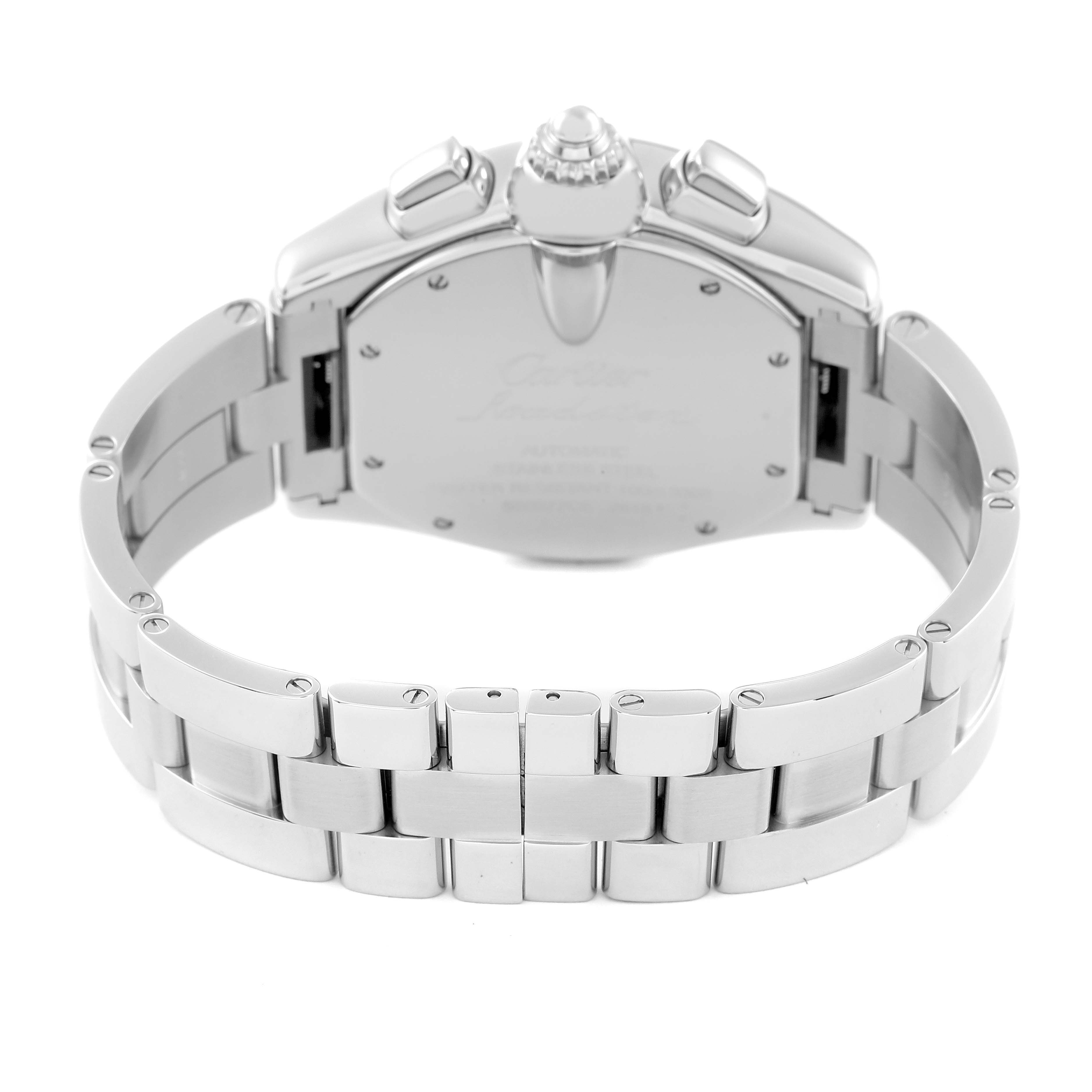 This image shows the back case and bracelet of a Cartier Roadster W62019X6 Men
s Stainless Steel Silver Dial W62019X6 Men
s Stainless Steel Silver Dial watch from a straight-on angle.