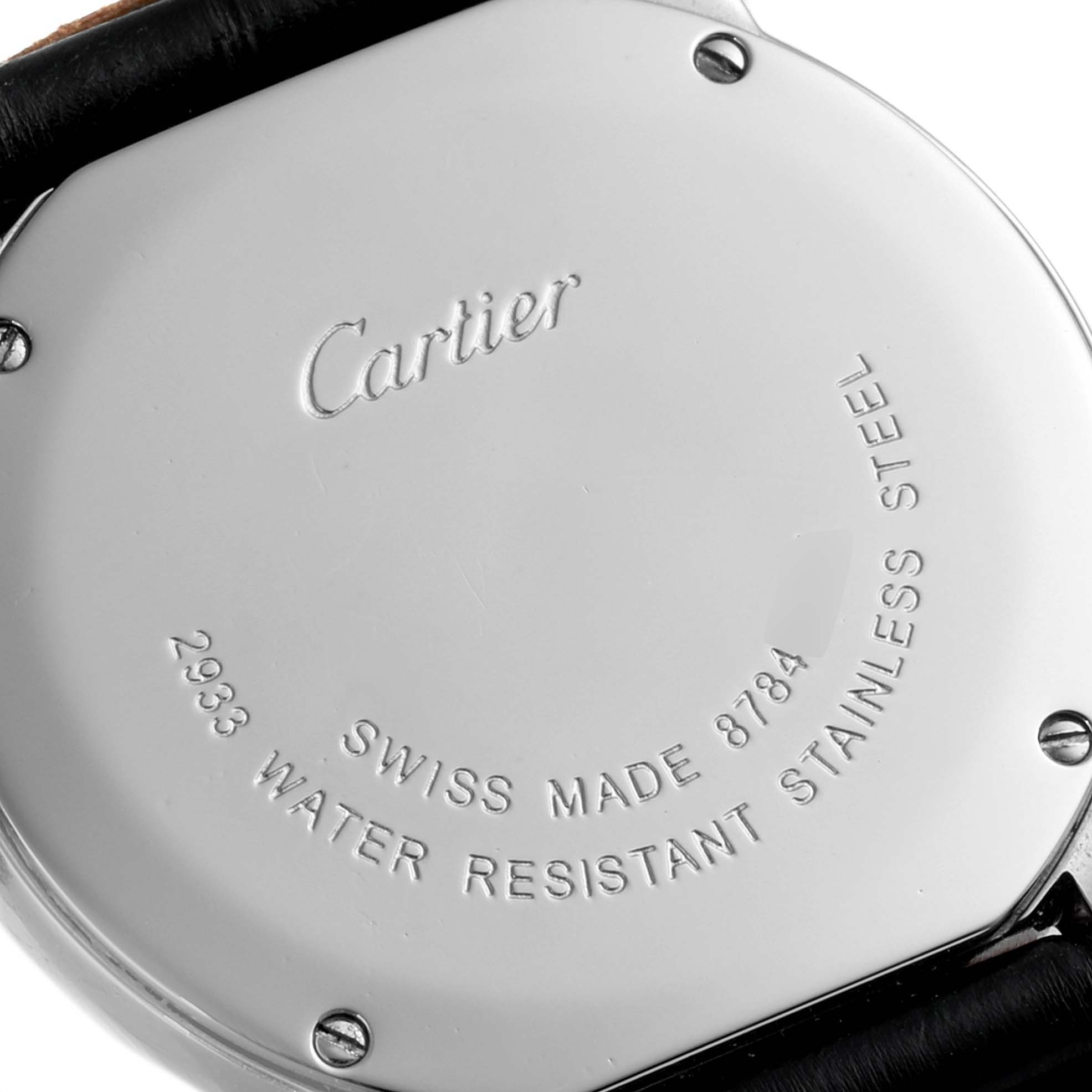 The image shows the back casing of a Cartier Ronde W6700155 Women's Stainless Steel Silver Dial W6700155 Women's Stainless Steel Silver Dial watch, highlighting its inscriptions and stainless steel screws.