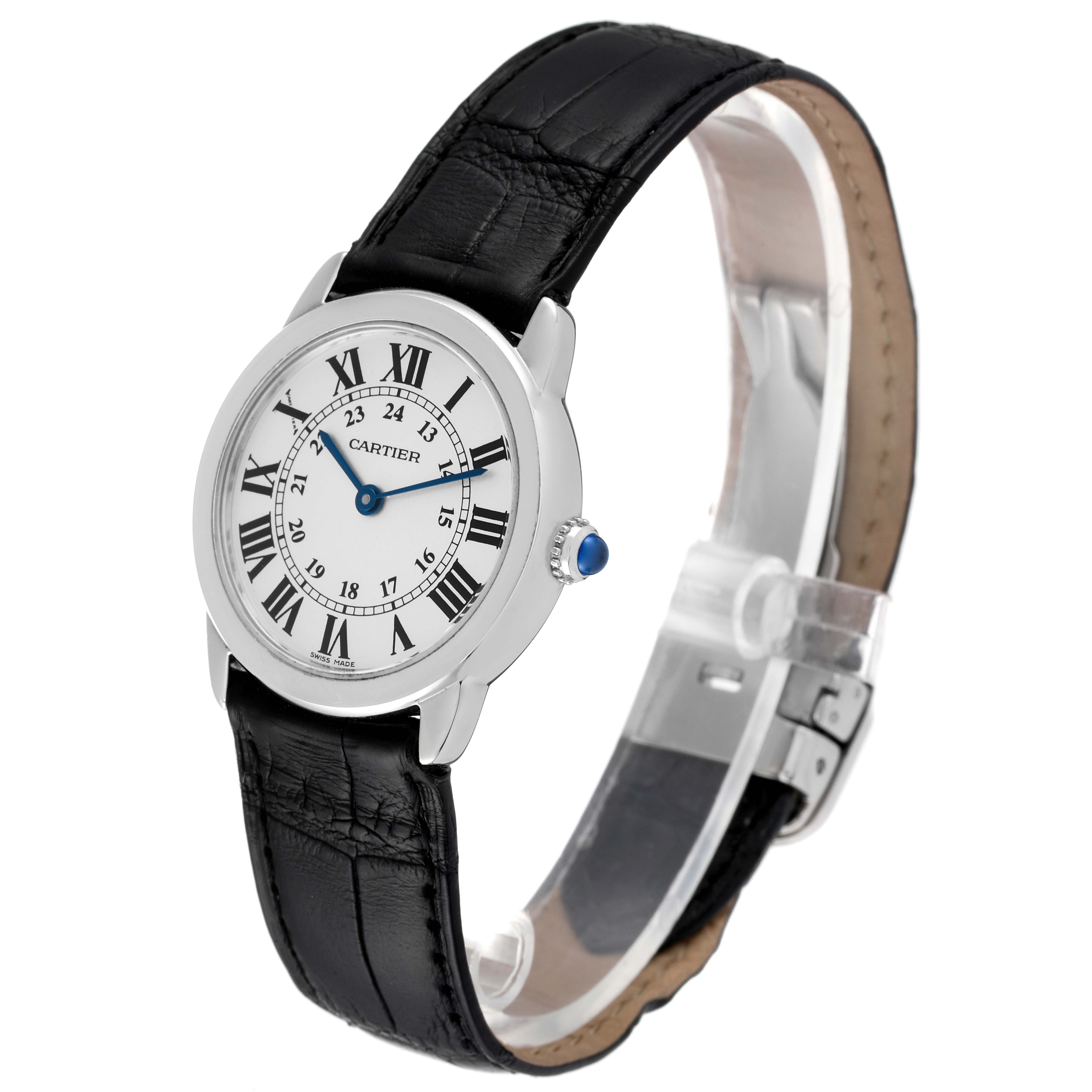 The Cartier Ronde W6700155 Women's Stainless Steel Silver Dial W6700155 Women's Stainless Steel Silver Dial watch is shown at an angled side view, displaying its face, strap, and crown.