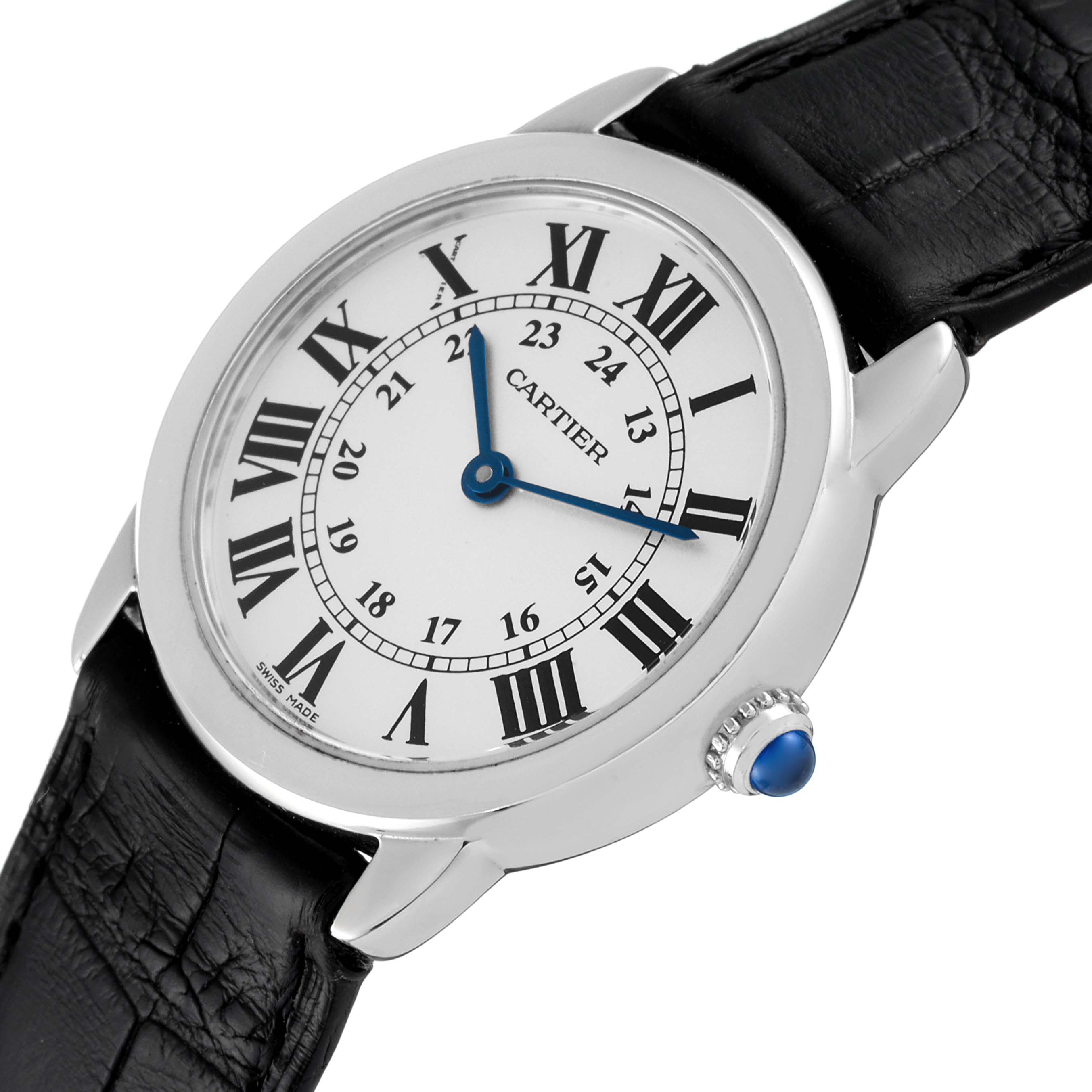 This image shows a Cartier Ronde W6700155 Women's Stainless Steel Silver Dial W6700155 Women's Stainless Steel Silver Dial watch at an angle highlighting the dial, crown, and black leather strap.