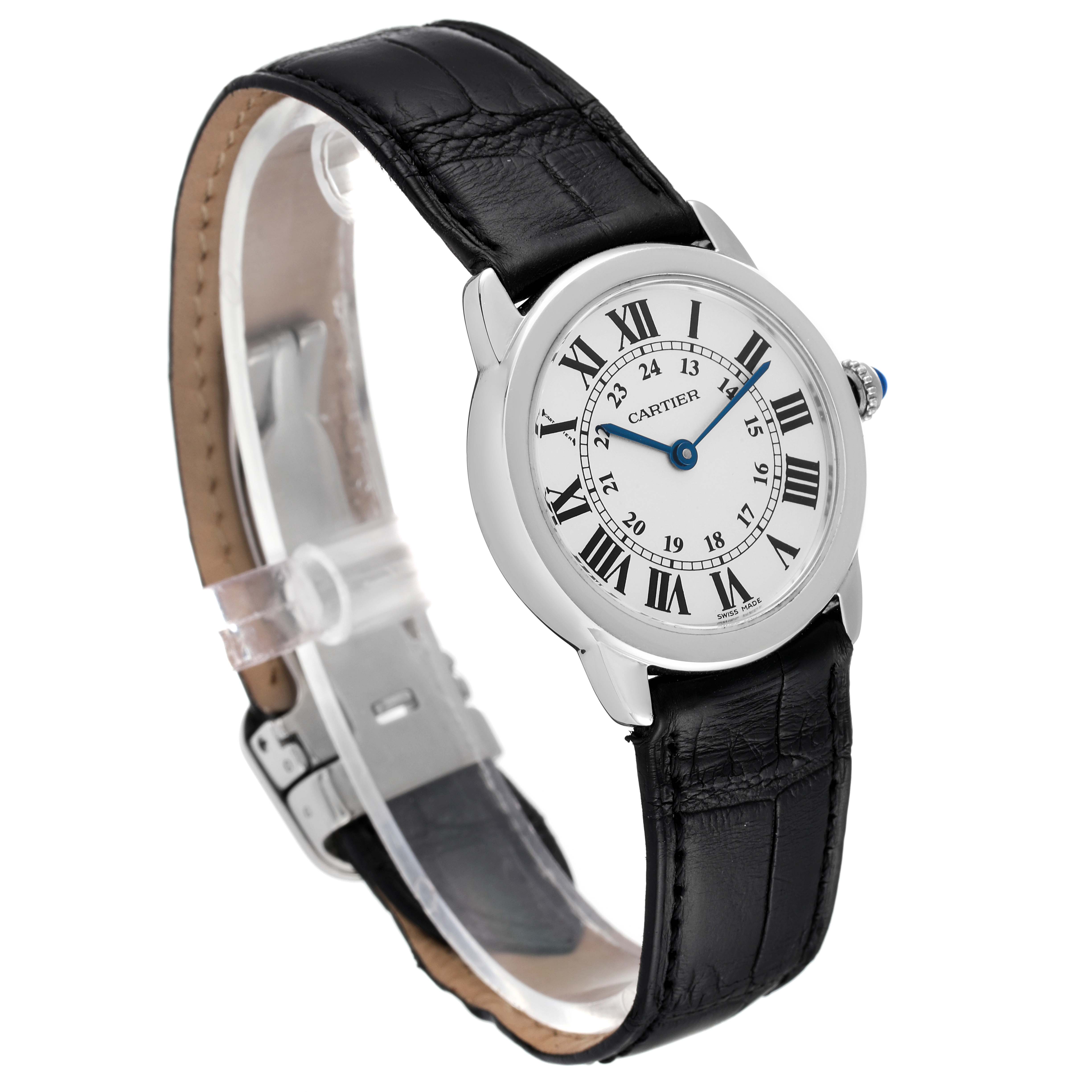 This image shows a Cartier Ronde W6700155 Women's Stainless Steel Silver Dial W6700155 Women's Stainless Steel Silver Dial watch at a slight angle, showcasing its black leather strap and Roman numeral dial.