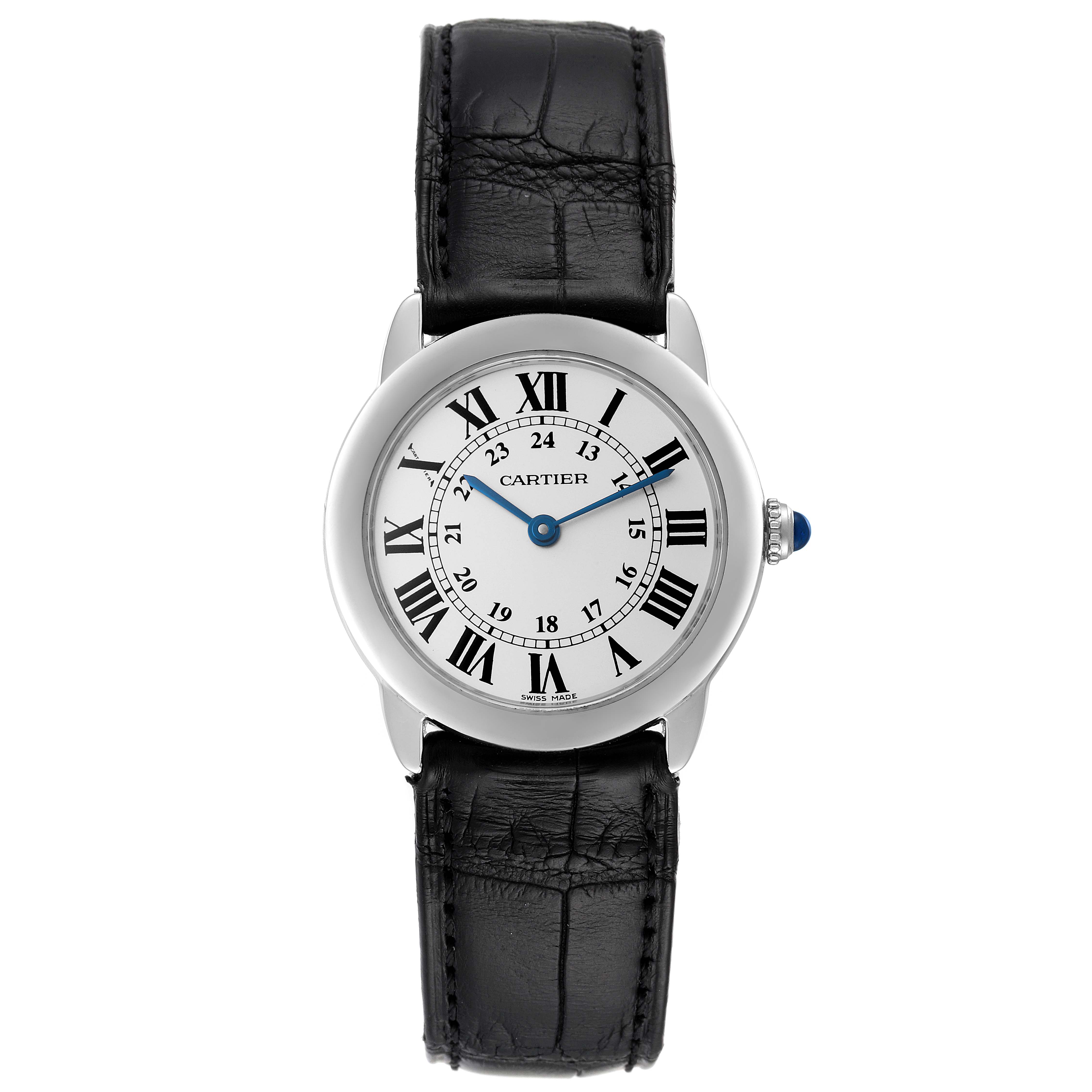 This image shows a front view of the Cartier Ronde W6700155 Women's Stainless Steel Silver Dial W6700155 Women's Stainless Steel Silver Dial model watch, featuring a black leather strap and a white dial with Roman numerals.