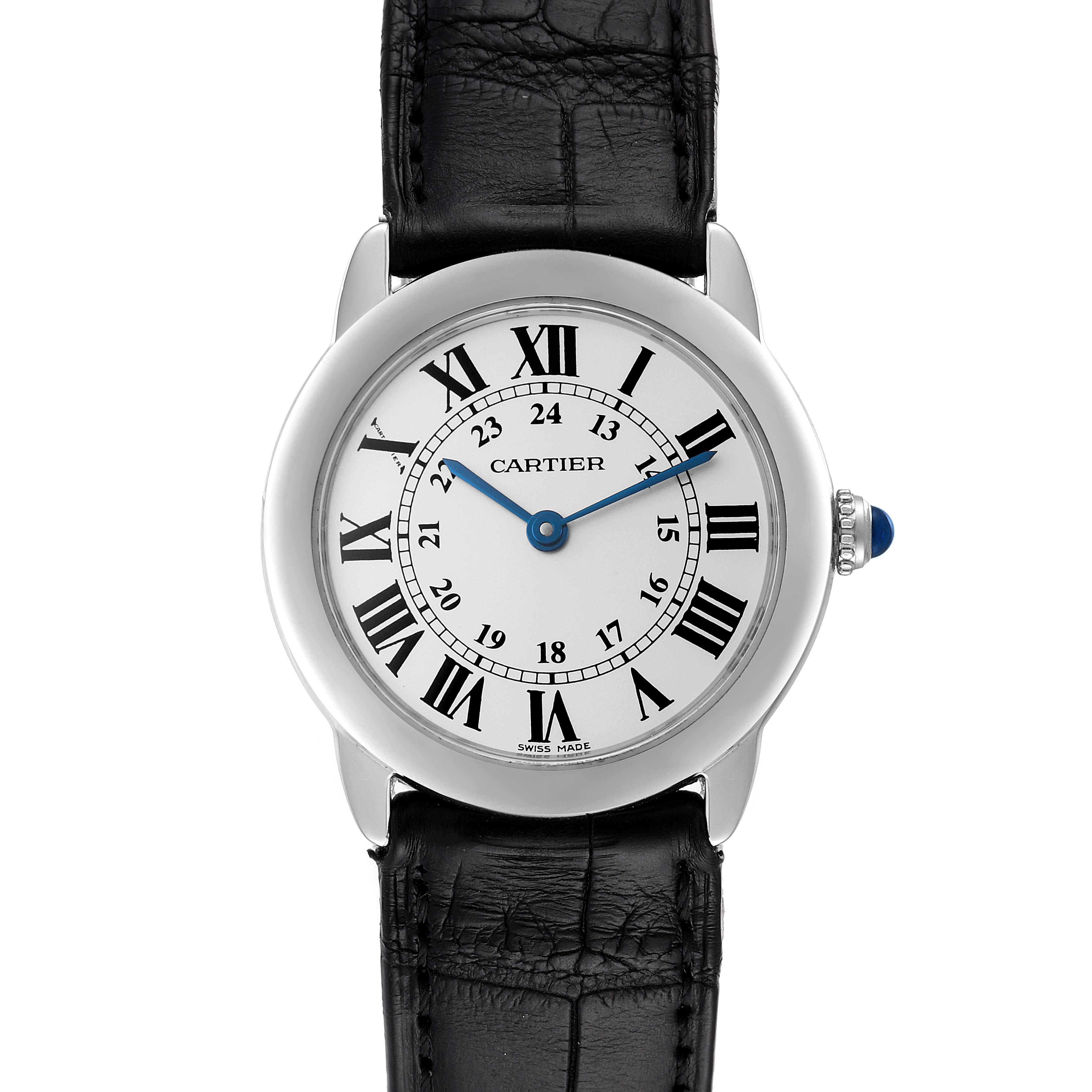 The image shows a front view of a Cartier Ronde W6700155 Women's Stainless Steel Silver Dial W6700155 Women's Stainless Steel Silver Dial model watch with a black leather strap and Roman numeral markers.