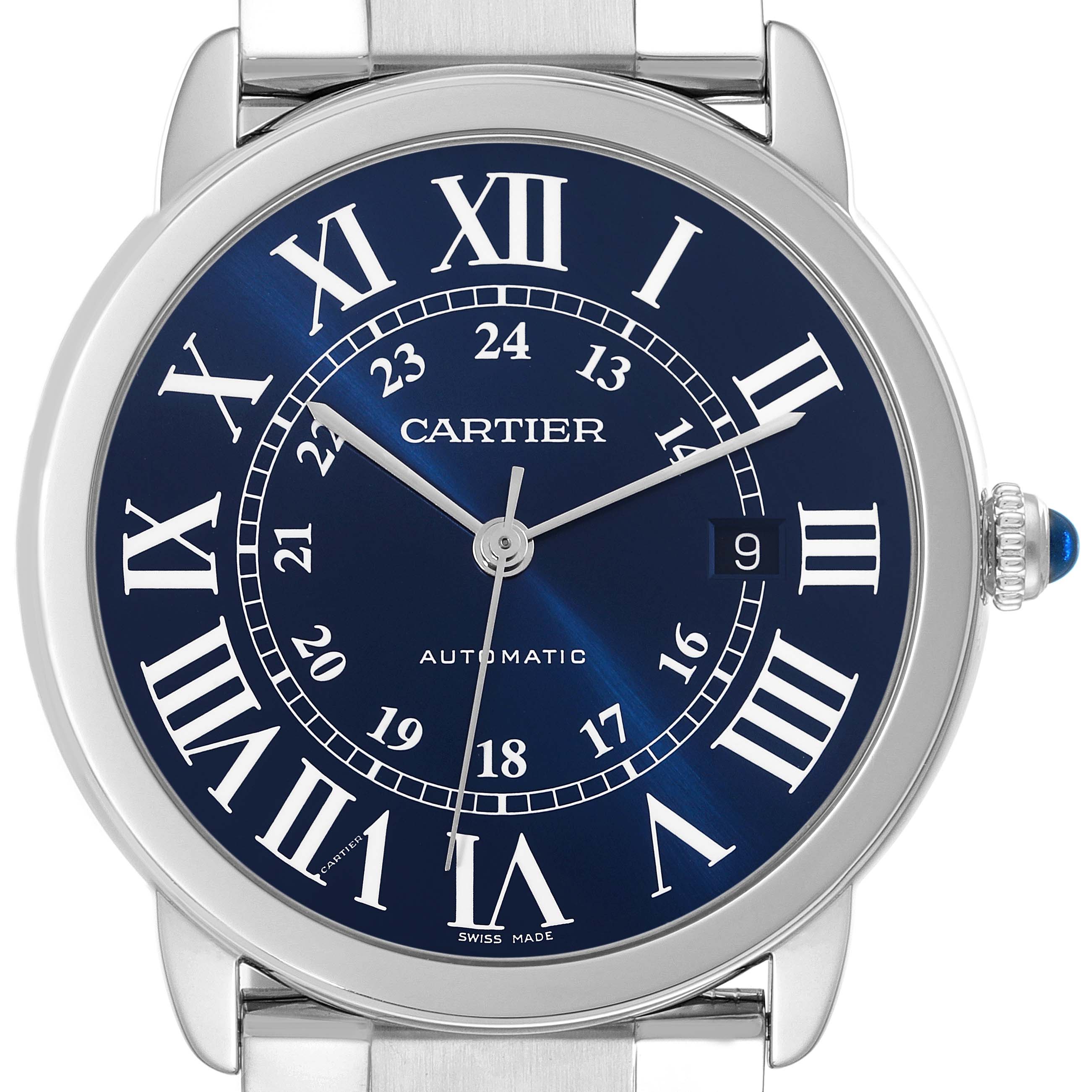 The image shows a front view of a Cartier Tank Solo WSRN0023 Men
s Stainless Steel Blue Dial WSRN0023 Men
s Stainless Steel Blue Dial watch, highlighting the dial with Roman numerals and the crown with a blue gemstone.