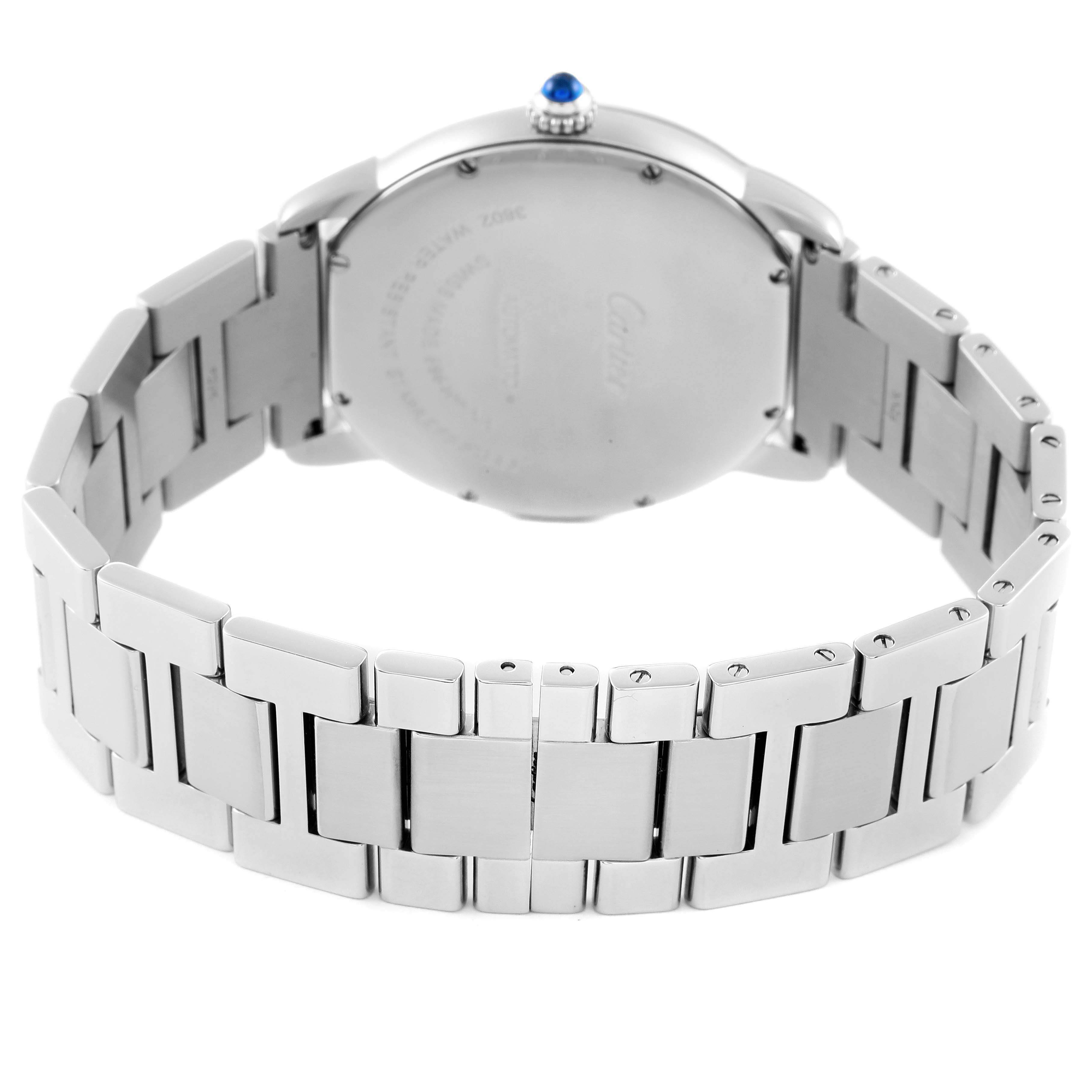 This image shows the back and bracelet of a Cartier Tank Solo WSRN0023 Men
s Stainless Steel Blue Dial WSRN0023 Men
s Stainless Steel Blue Dial watch, highlighting the case back and metal links.