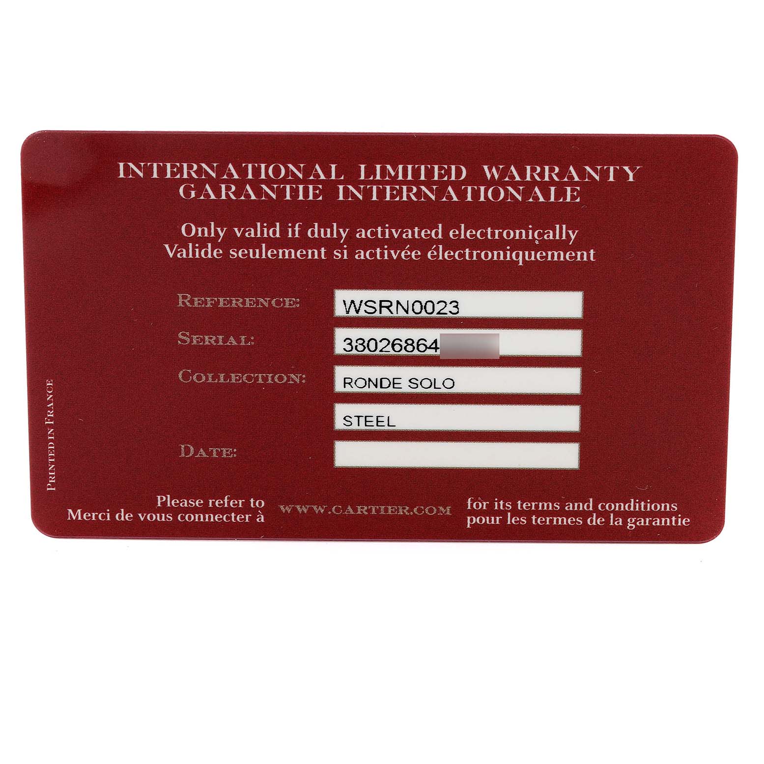 This is a Cartier warranty card with details for a Tank Solo model watch.