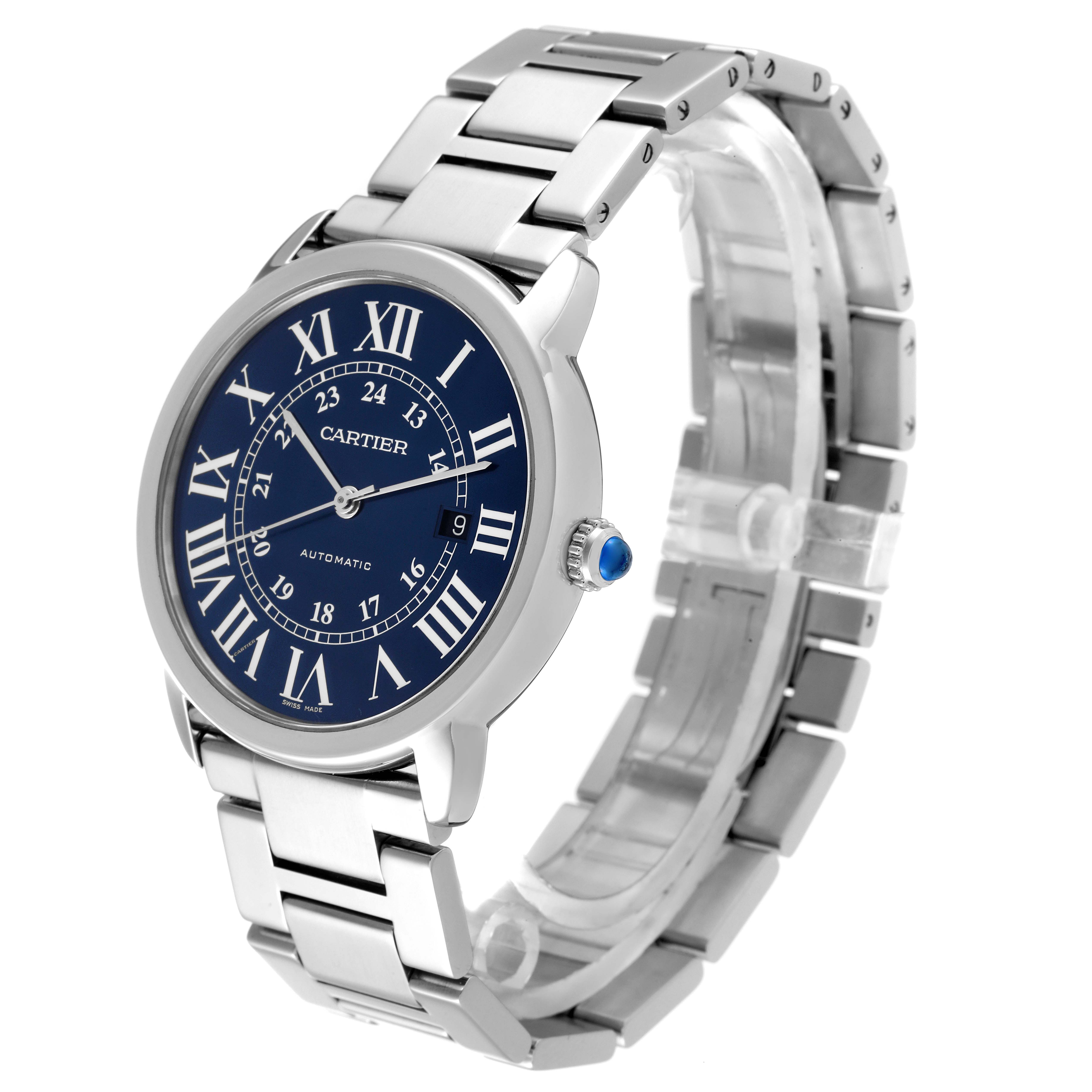 The image shows a Cartier Tank Solo WSRN0023 Men
s Stainless Steel Blue Dial WSRN0023 Men
s Stainless Steel Blue Dial watch from a three-quarter angle, highlighting the face, bracelet, and side crown.