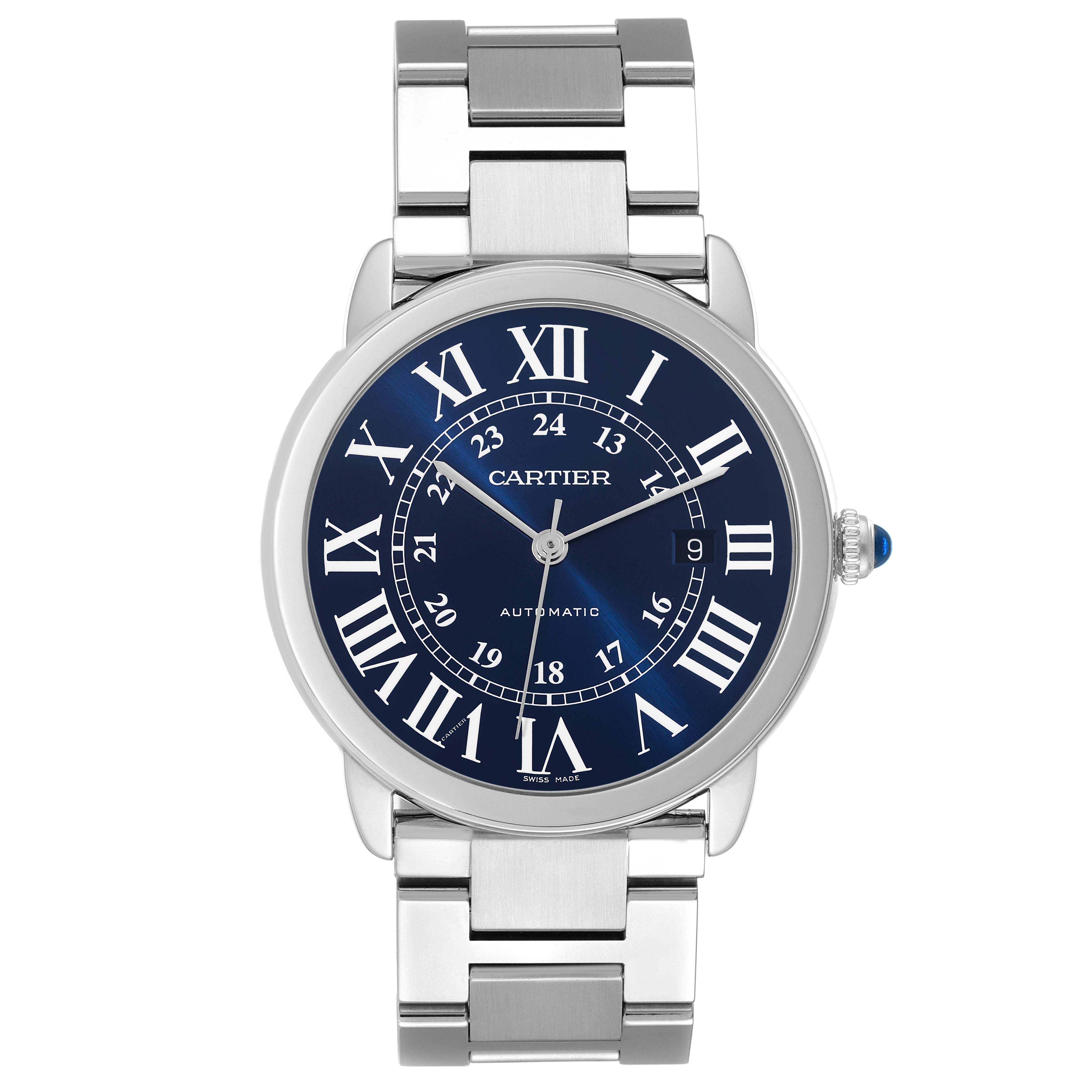 The Cartier Tank Solo WSRN0023 Men
s Stainless Steel Blue Dial WSRN0023 Men
s Stainless Steel Blue Dial watch is shown from a top-down angle, highlighting its face, dial, and bracelet.