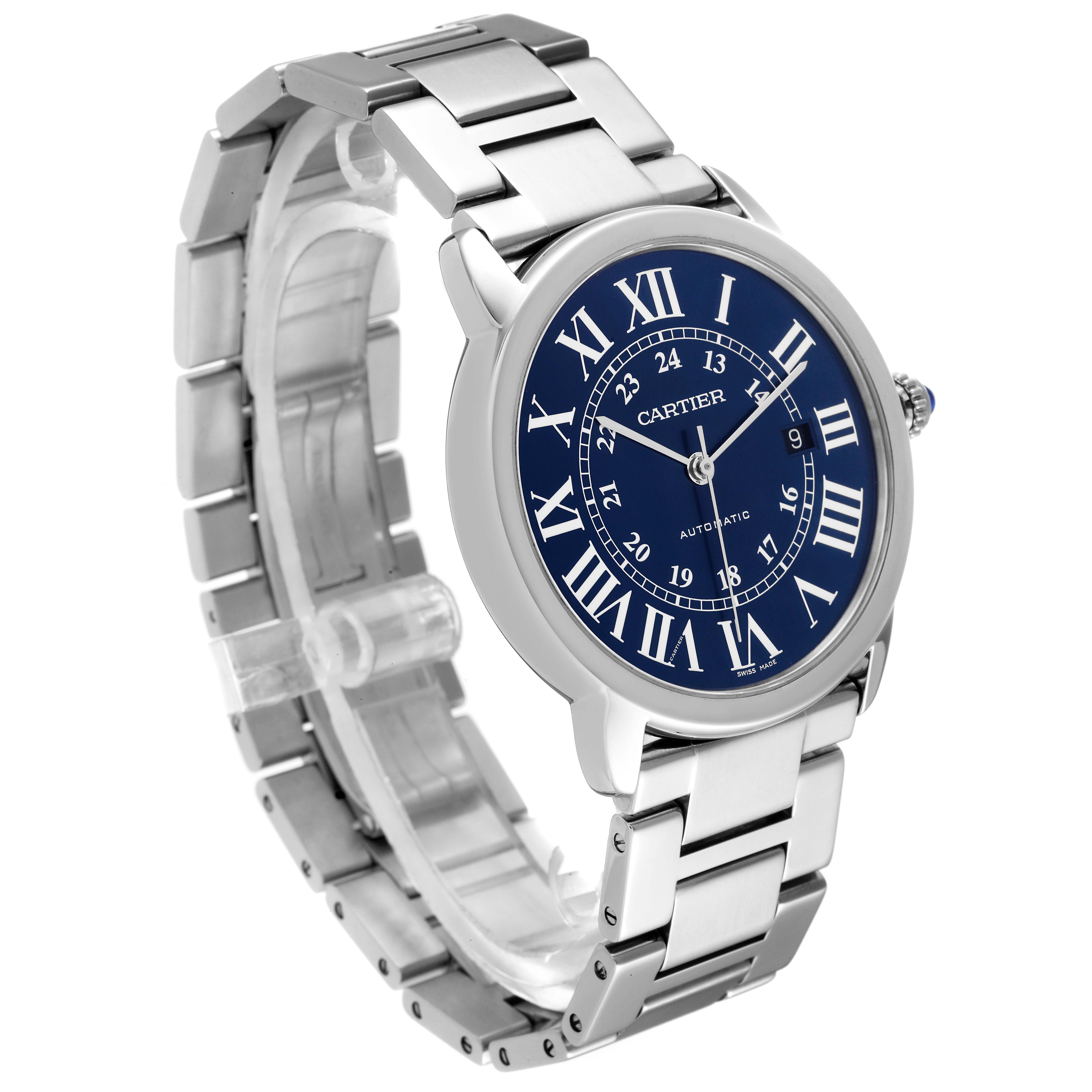 This is a Cartier Ronde Solo watch, shown at a three-quarter angle displaying the face and stainless steel bracelet.