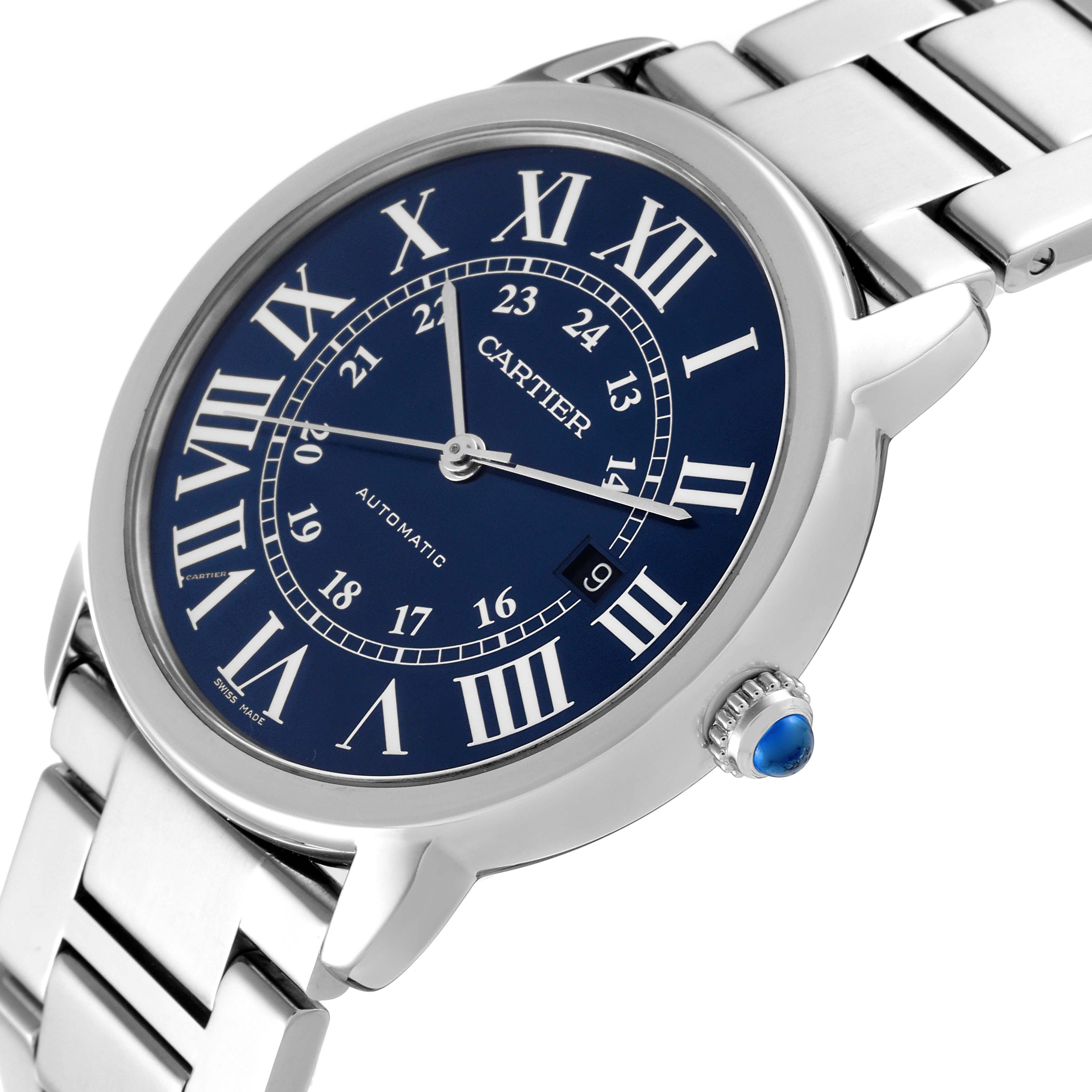 This image shows a close-up angled view of the Cartier Tank Solo WSRN0023 Men
s Stainless Steel Blue Dial WSRN0023 Men
s Stainless Steel Blue Dial watch face, bracelet, and crown with a blue dial and Roman numerals.