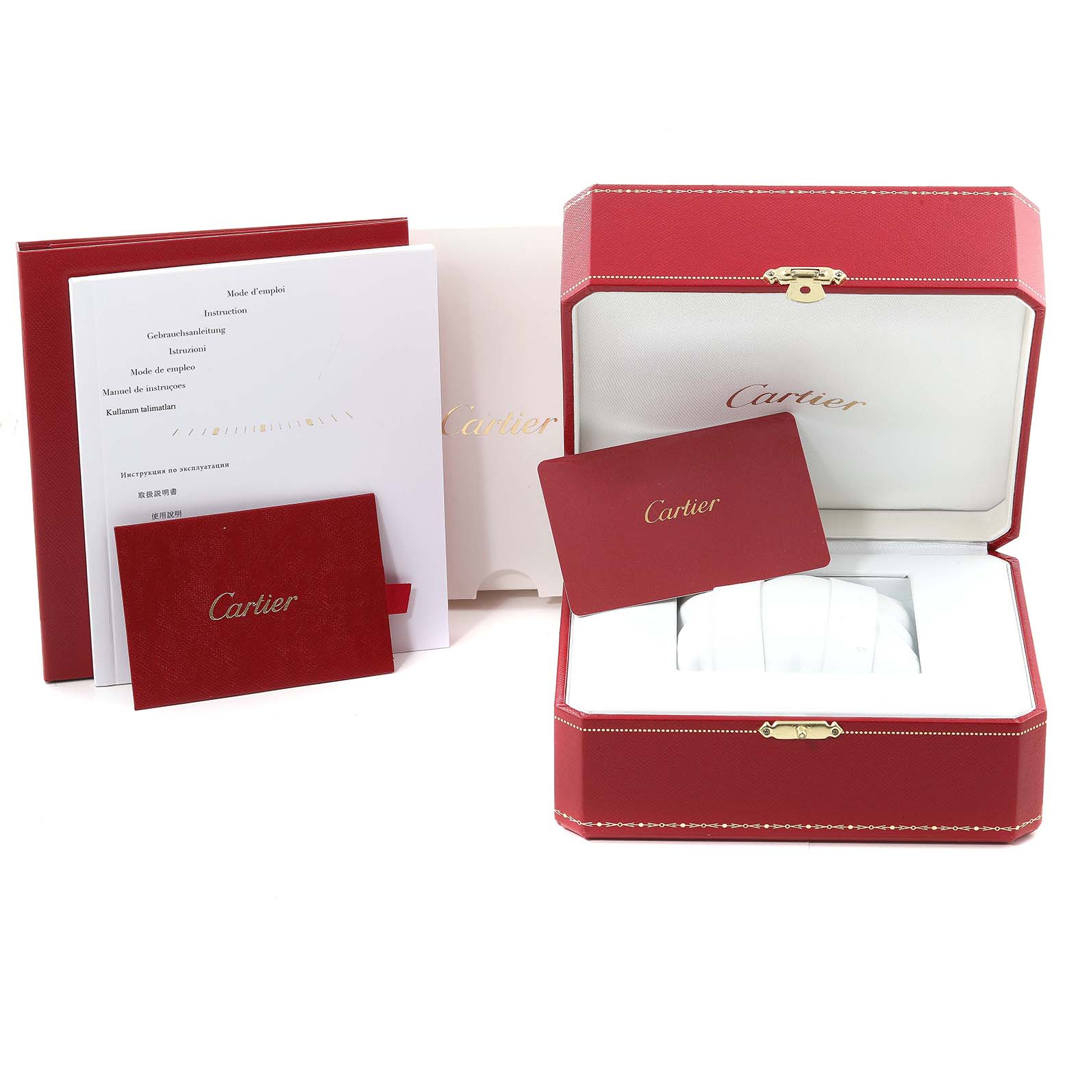 This image shows the packaging and accessories of a Cartier Tank Solo WSRN0023 Men
s Stainless Steel Blue Dial WSRN0023 Men
s Stainless Steel Blue Dial watch, including the box, manuals, and card.