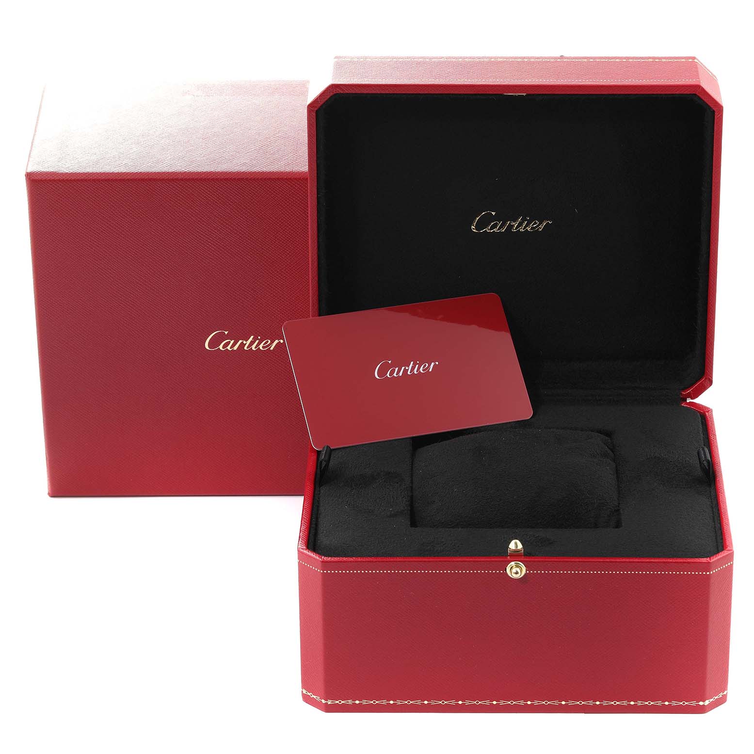 The image shows Cartier
s Santos Dumont watch box, including a red outer box, inner case, and card holder.