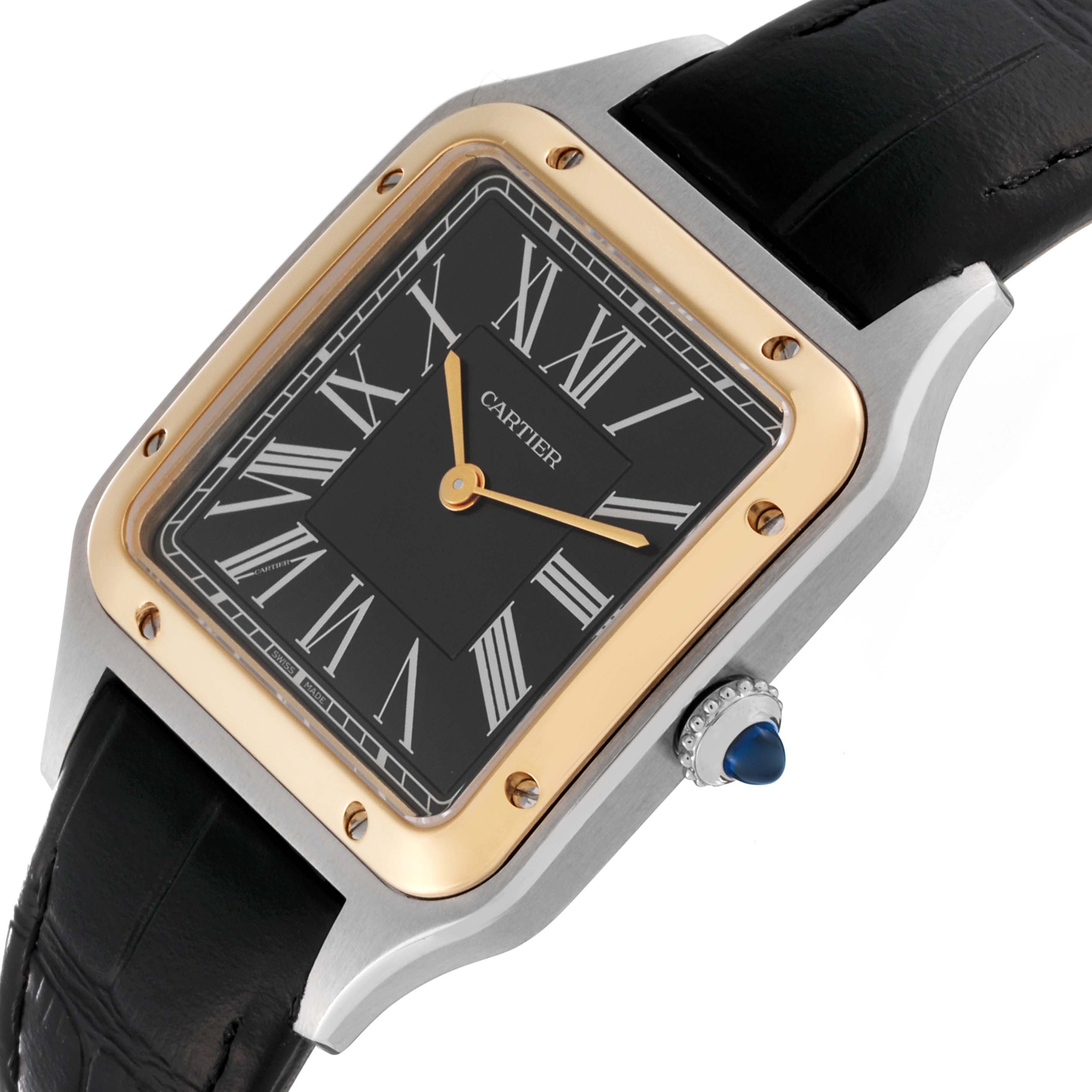 The Cartier Santos Dumont W2SA0015 Men
s Stainless Steel Black Dial W2SA0015 Men
s Stainless Steel Black Dial watch is shown at a slight angle highlighting the face, bezel, crown, and leather strap.