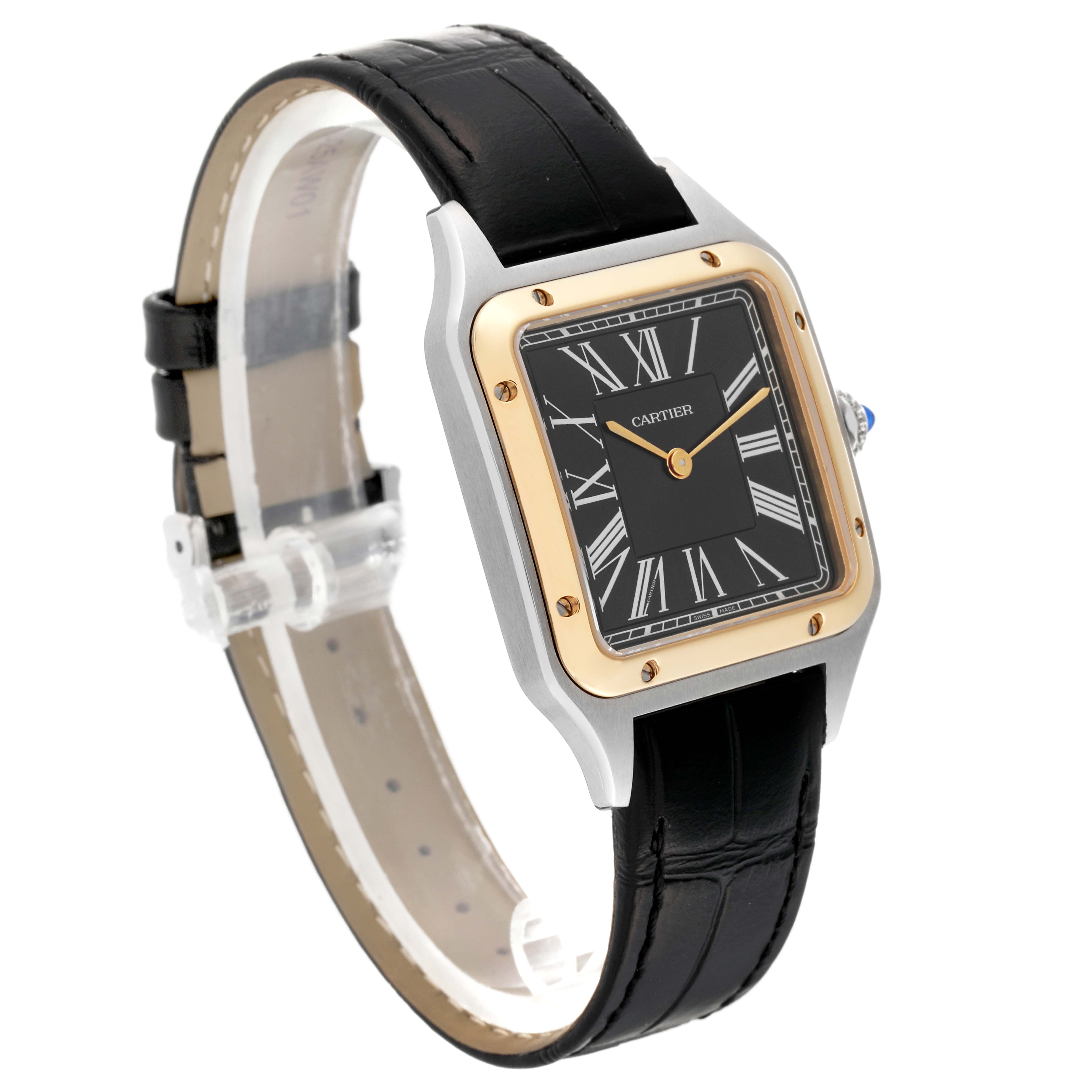 The image shows a Cartier Santos Dumont W2SA0015 Men
s Stainless Steel Black Dial W2SA0015 Men
s Stainless Steel Black Dial watch from a front-side angle, highlighting its black leather strap and square dial with Roman numerals.