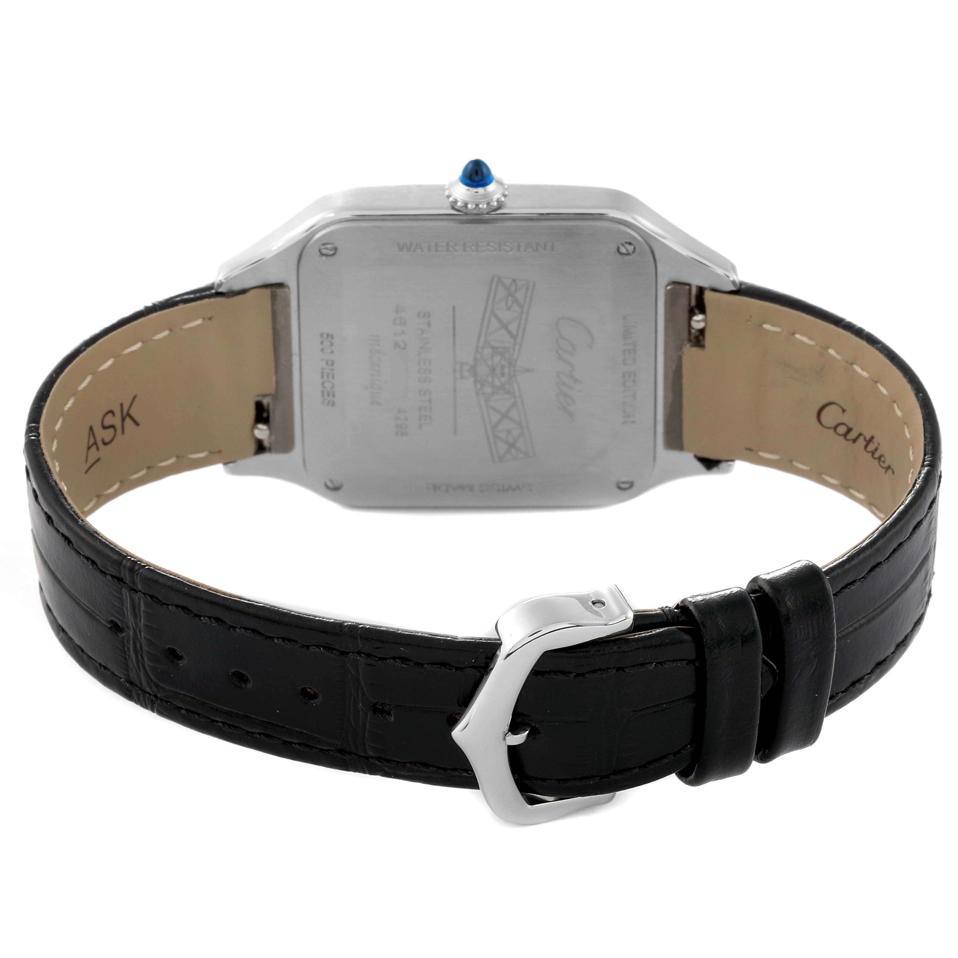 The image displays the back and strap of a Cartier Santos Dumont W2SA0015 Men
s Stainless Steel Black Dial W2SA0015 Men
s Stainless Steel Black Dial watch from a rear angle.