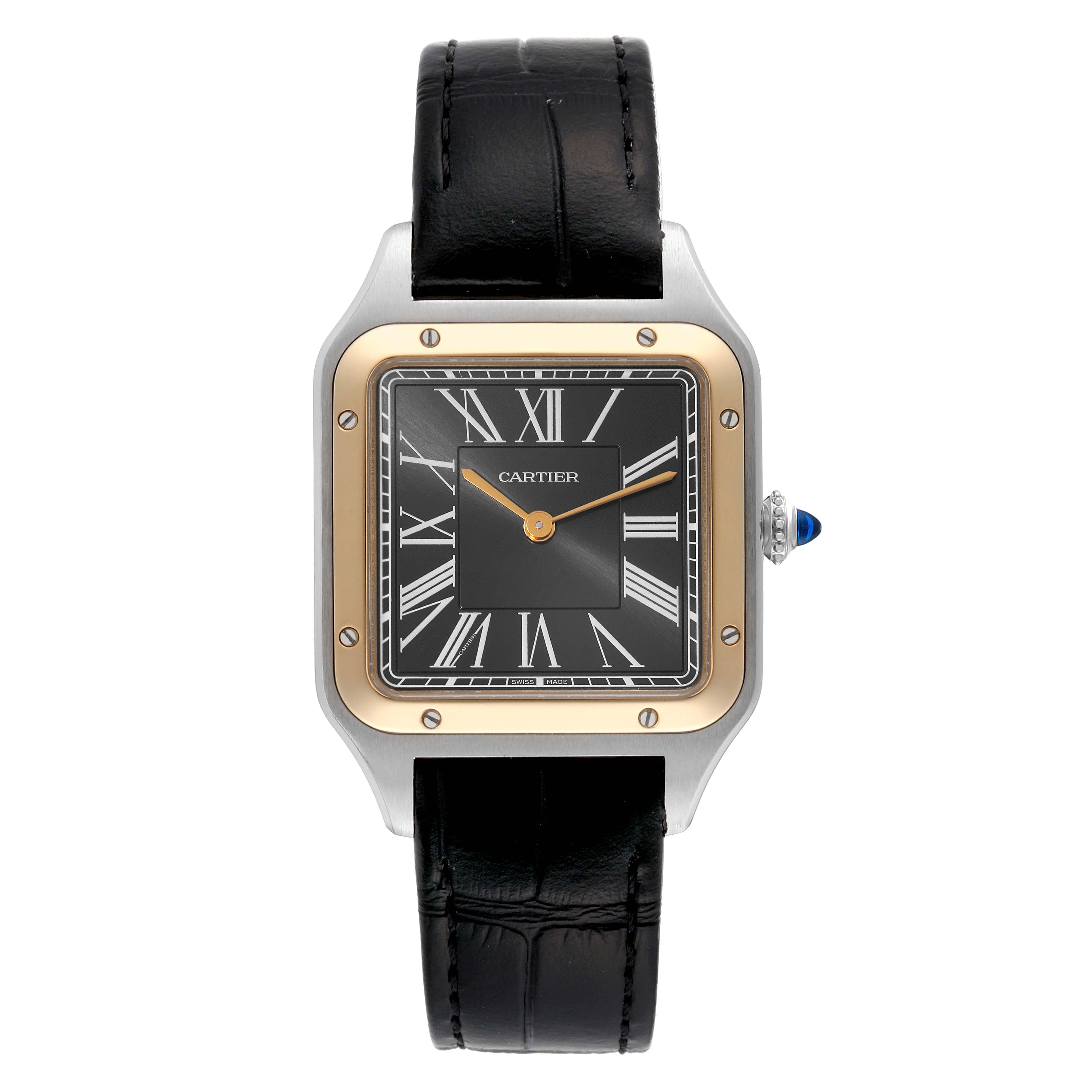 The image shows a Cartier Santos Dumont W2SA0015 Men
s Stainless Steel Black Dial W2SA0015 Men
s Stainless Steel Black Dial watch from the front, displaying its black dial, gold hands, and leather strap.