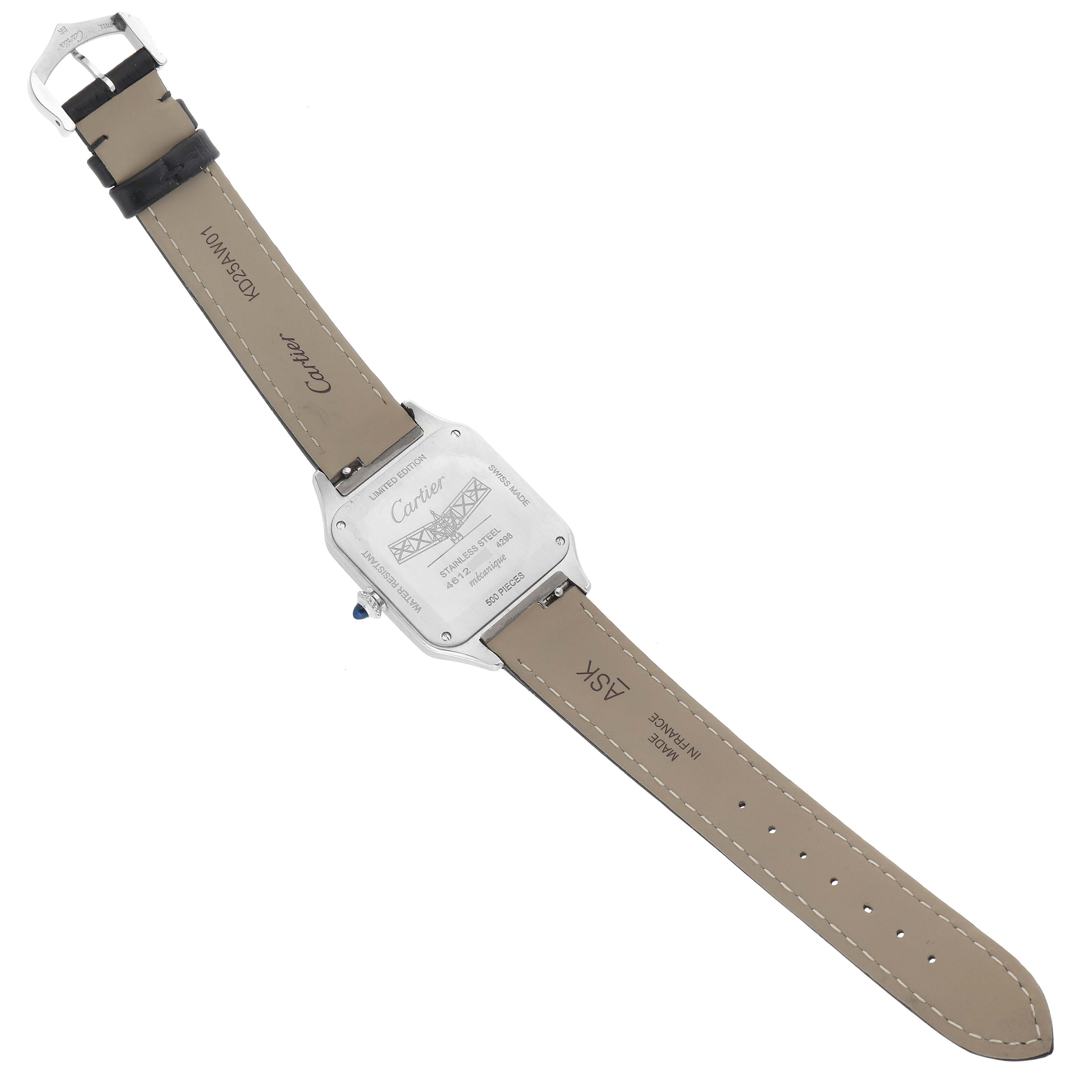 The image shows the back view of the Santos Dumont watch by Cartier, including the watch case back and leather strap.