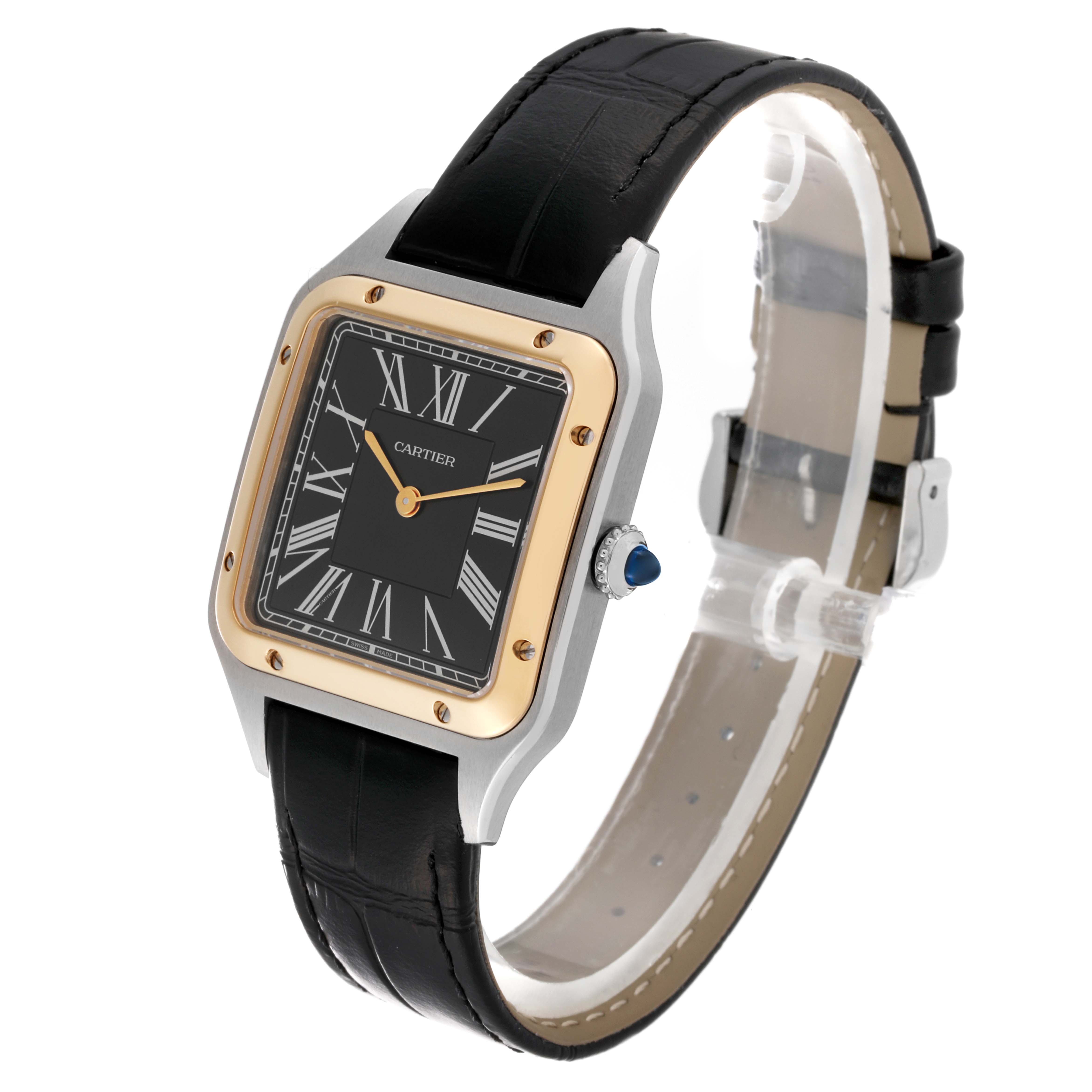The image shows a Cartier Santos Dumont W2SA0015 Men
s Stainless Steel Black Dial W2SA0015 Men
s Stainless Steel Black Dial watch at a slight angle, highlighting the face, strap, and side crown.