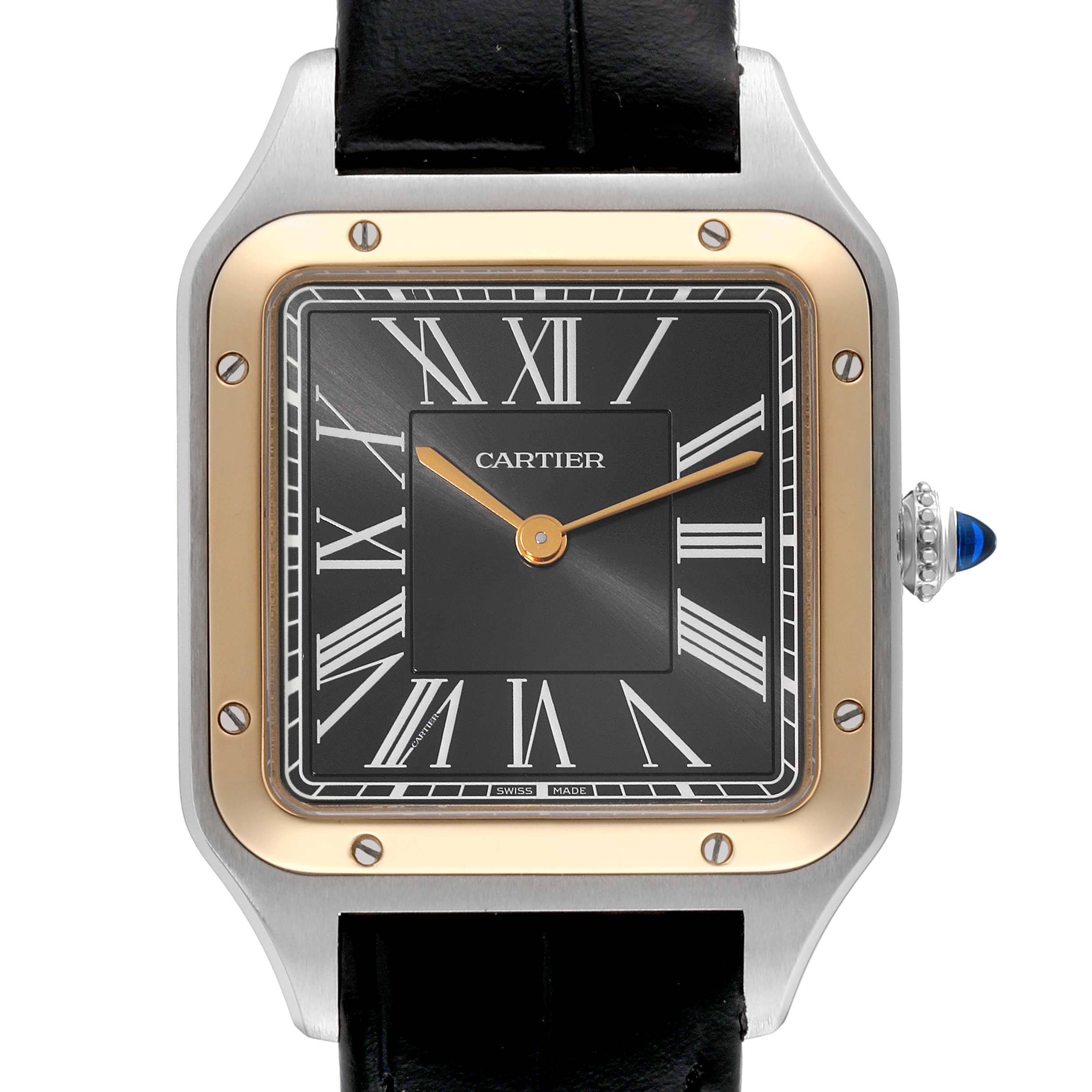 This image shows a front view of the Cartier Santos Dumont W2SA0015 Men
s Stainless Steel Black Dial W2SA0015 Men
s Stainless Steel Black Dial watch, highlighting its black leather strap, square dial, and iconic design.