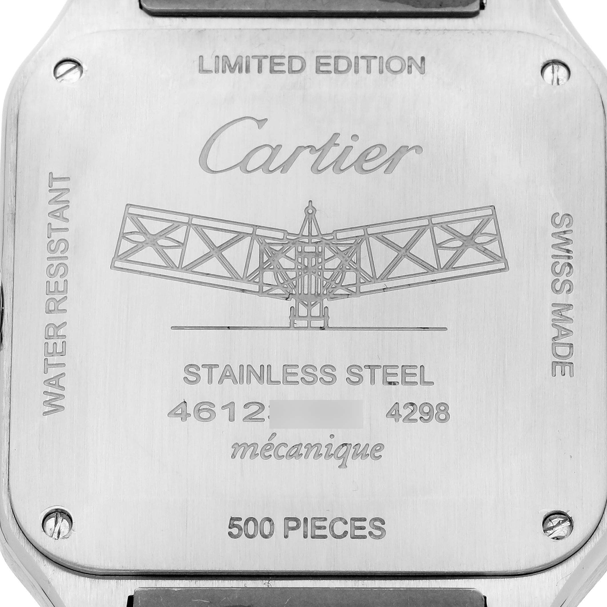 This image shows the back case of a limited edition Cartier Santos Dumont W2SA0015 Men
s Stainless Steel Black Dial W2SA0015 Men
s Stainless Steel Black Dial watch, indicating details like material and production number.