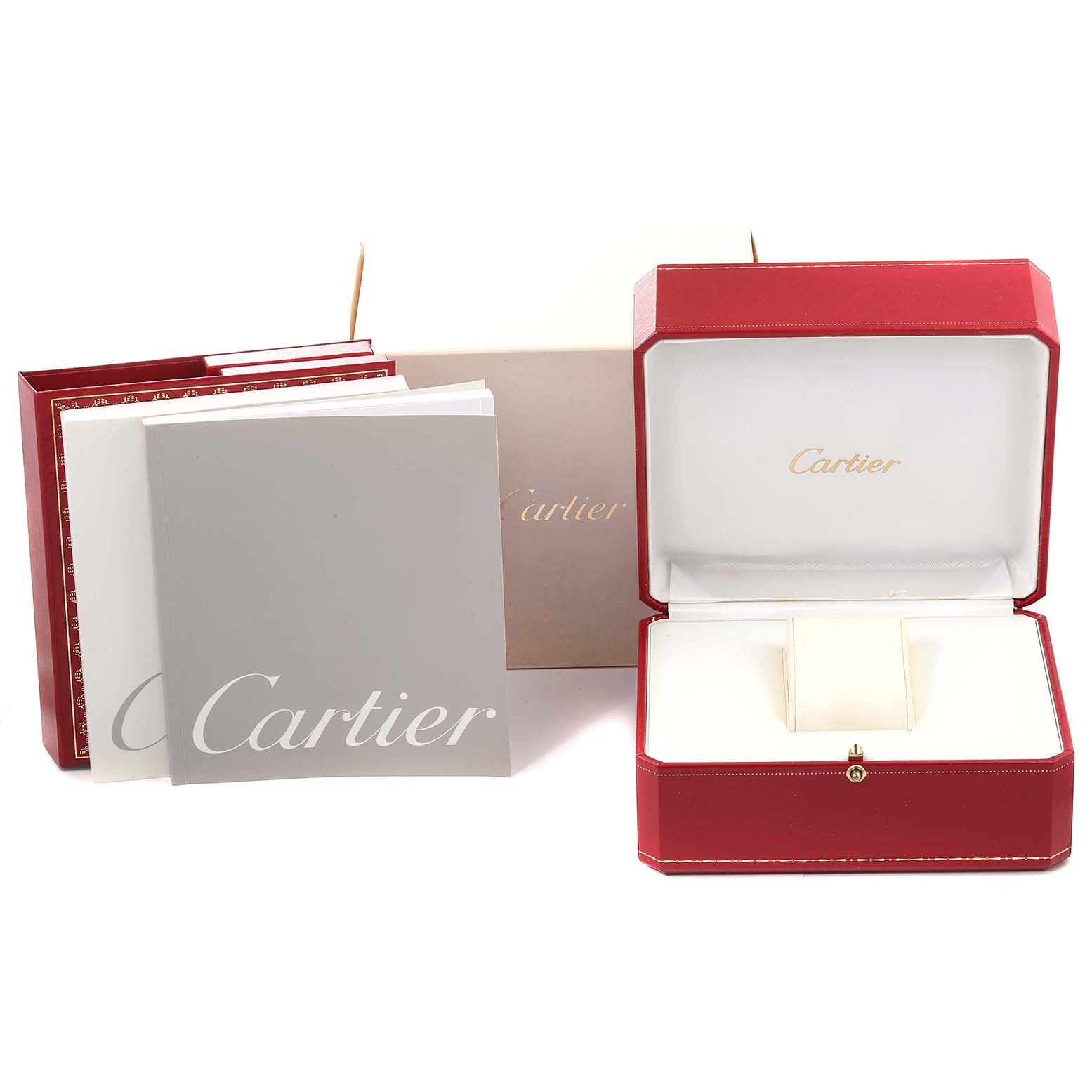 This image shows the packaging and accessories of a Cartier Santos W20012C4 Women's Steel and Gold (two tone) Silver Dial W20012C4 Women's Steel and Gold (two tone) Silver Dial watch, including a red watch box, manuals, and an outer box.