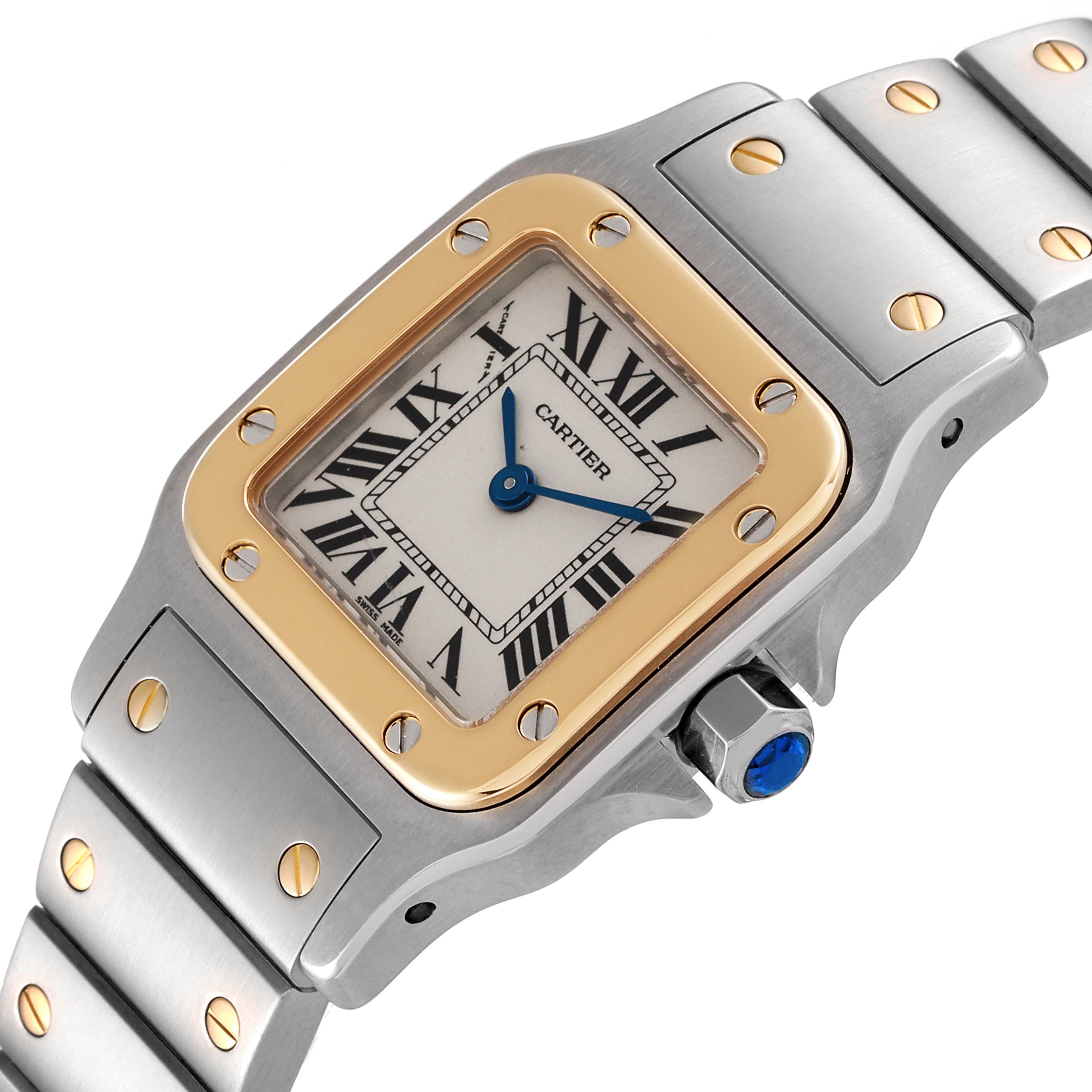 The image shows a close-up of the Cartier Santos W20012C4 Women's Steel and Gold (two tone) Silver Dial W20012C4 Women's Steel and Gold (two tone) Silver Dial watch face, bezel, crown, and part of the bracelet at an angled view.