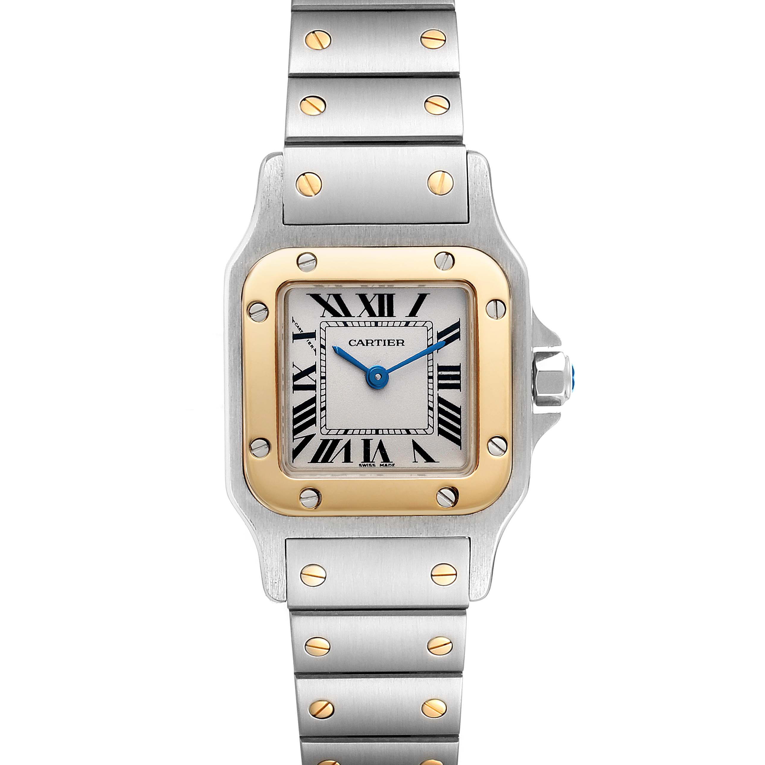 This image shows a front view of the Cartier Santos W20012C4 Women's Steel and Gold (two tone) Silver Dial W20012C4 Women's Steel and Gold (two tone) Silver Dial watch, highlighting its face, bezel, and a portion of the bracelet.