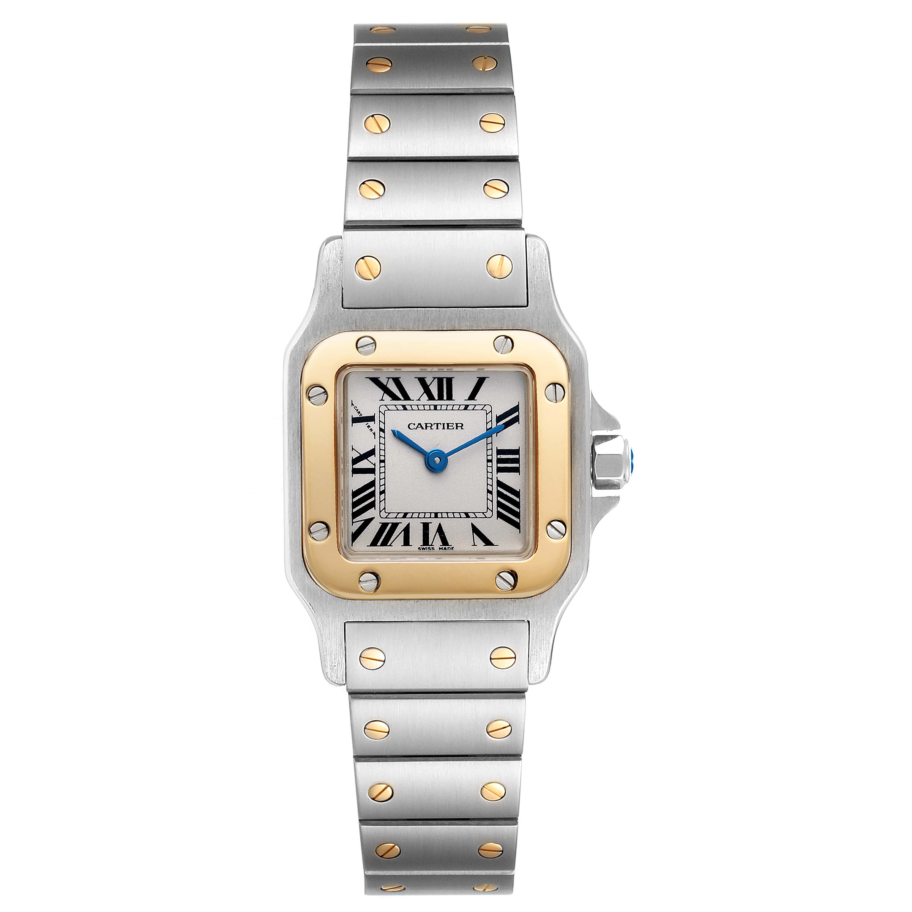 The image shows a frontal view of a Santos model watch by Cartier, highlighting its dial, bezel, and bracelet.