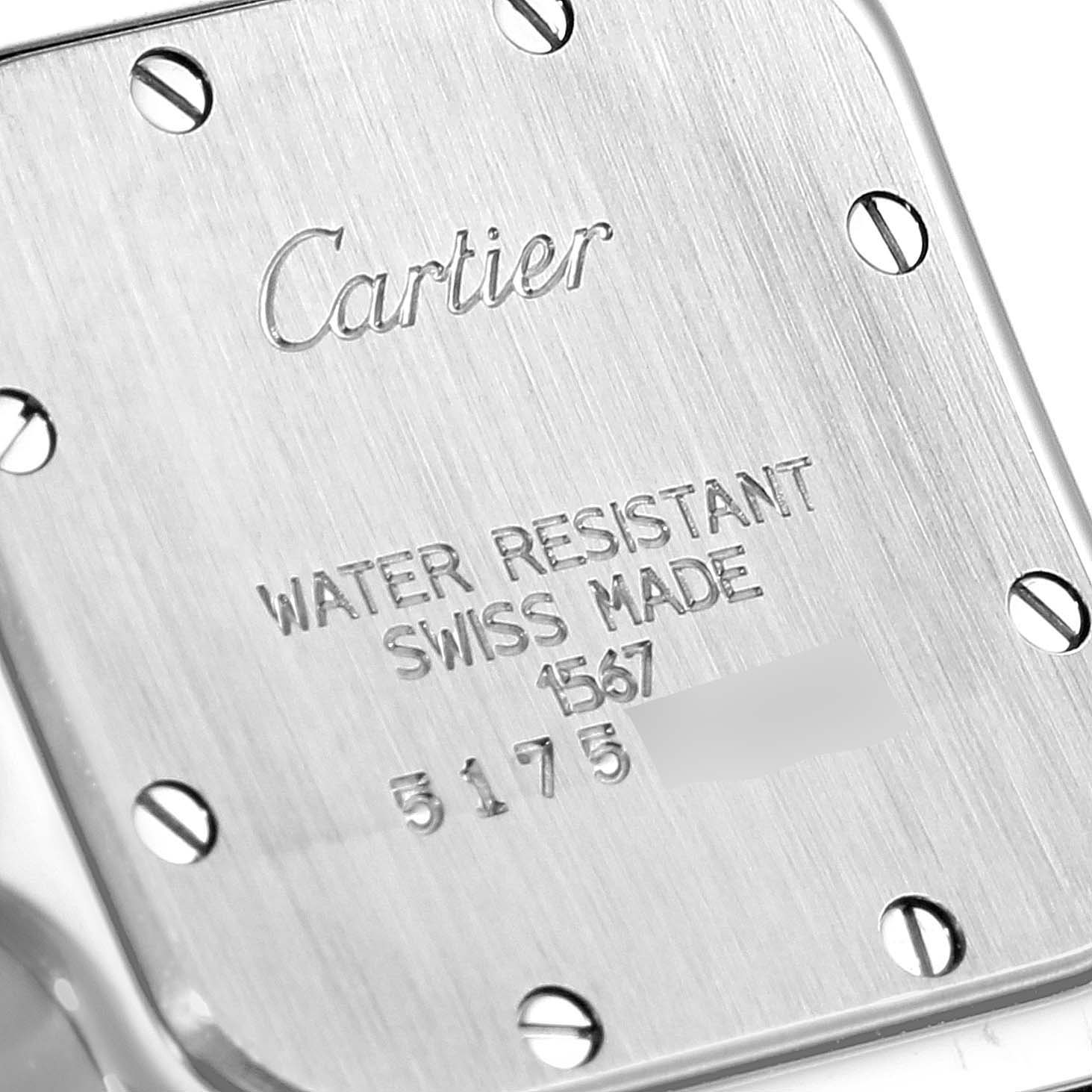 The image shows the back case of a Cartier Santos W20012C4 Women's Steel and Gold (two tone) Silver Dial W20012C4 Women's Steel and Gold (two tone) Silver Dial watch, displaying the brand name and product details.