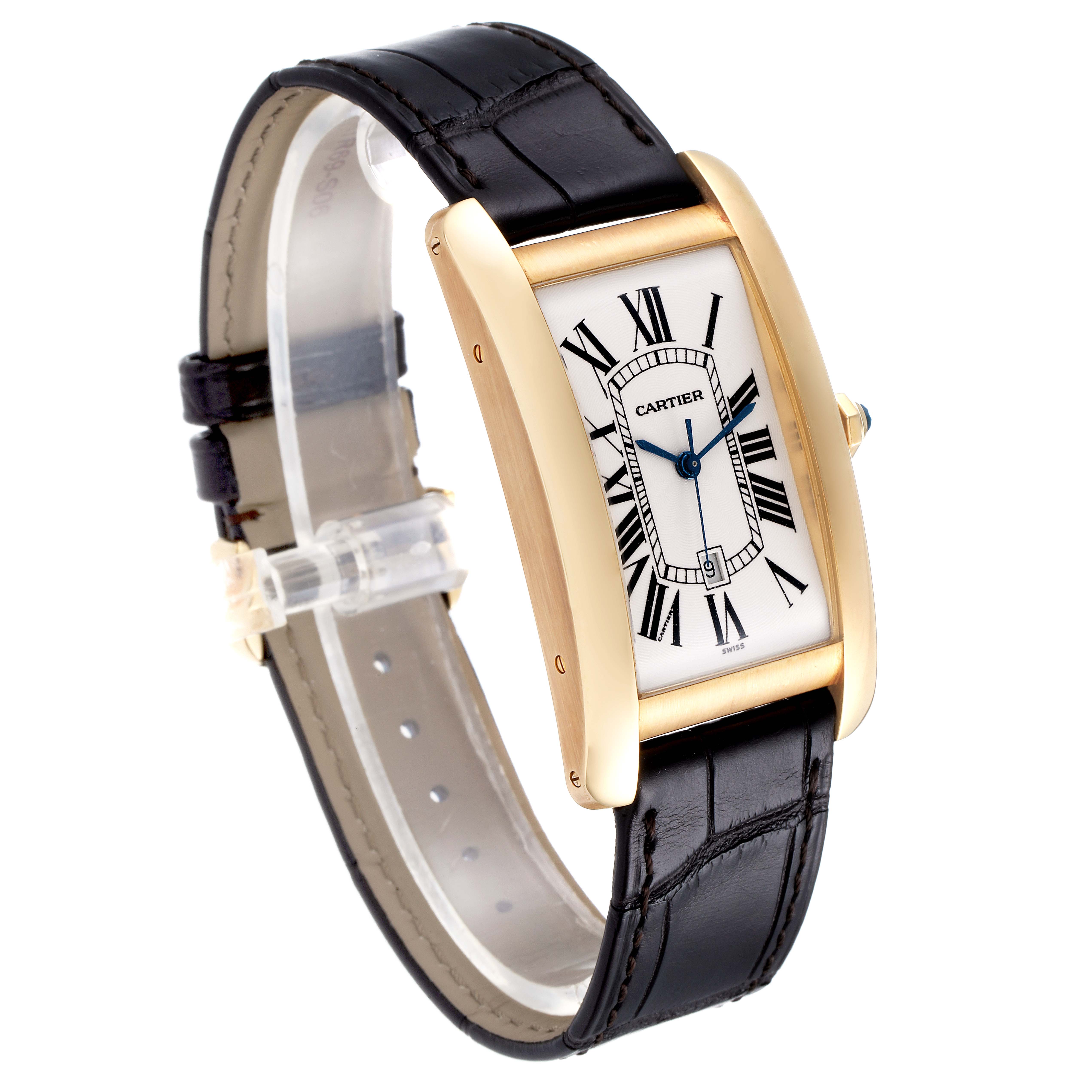 The image shows a Cartier Tank Americaine W2603156 Men
s Yellow Gold Silver Dial W2603156 Men
s Yellow Gold Silver Dial watch at a three-quarter angle, highlighting the face, strap, and case.