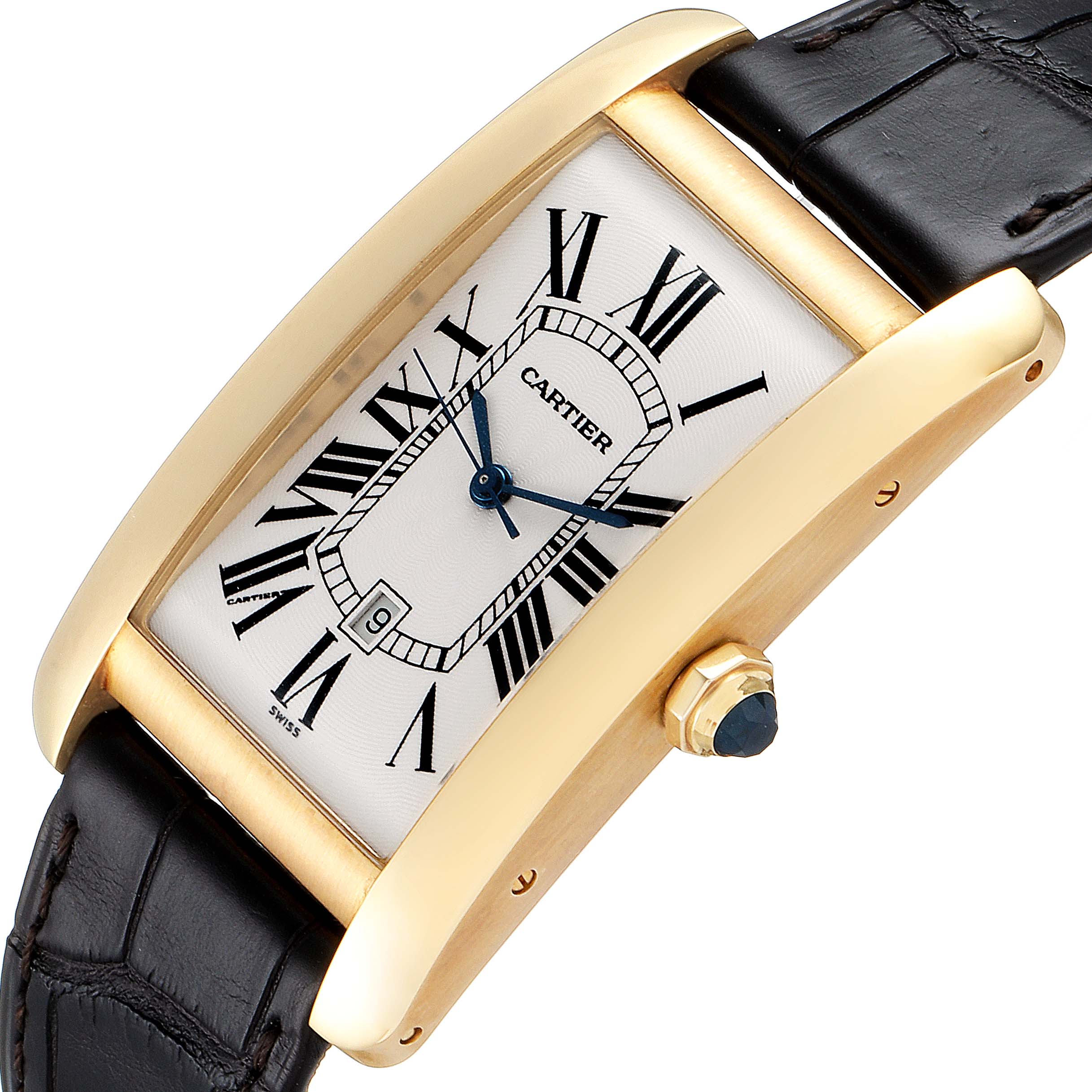 This image shows a Cartier Tank Americaine W2603156 Men
s Yellow Gold Silver Dial W2603156 Men
s Yellow Gold Silver Dial watch at an angled view, highlighting the face, Roman numerals, crown, and leather strap.