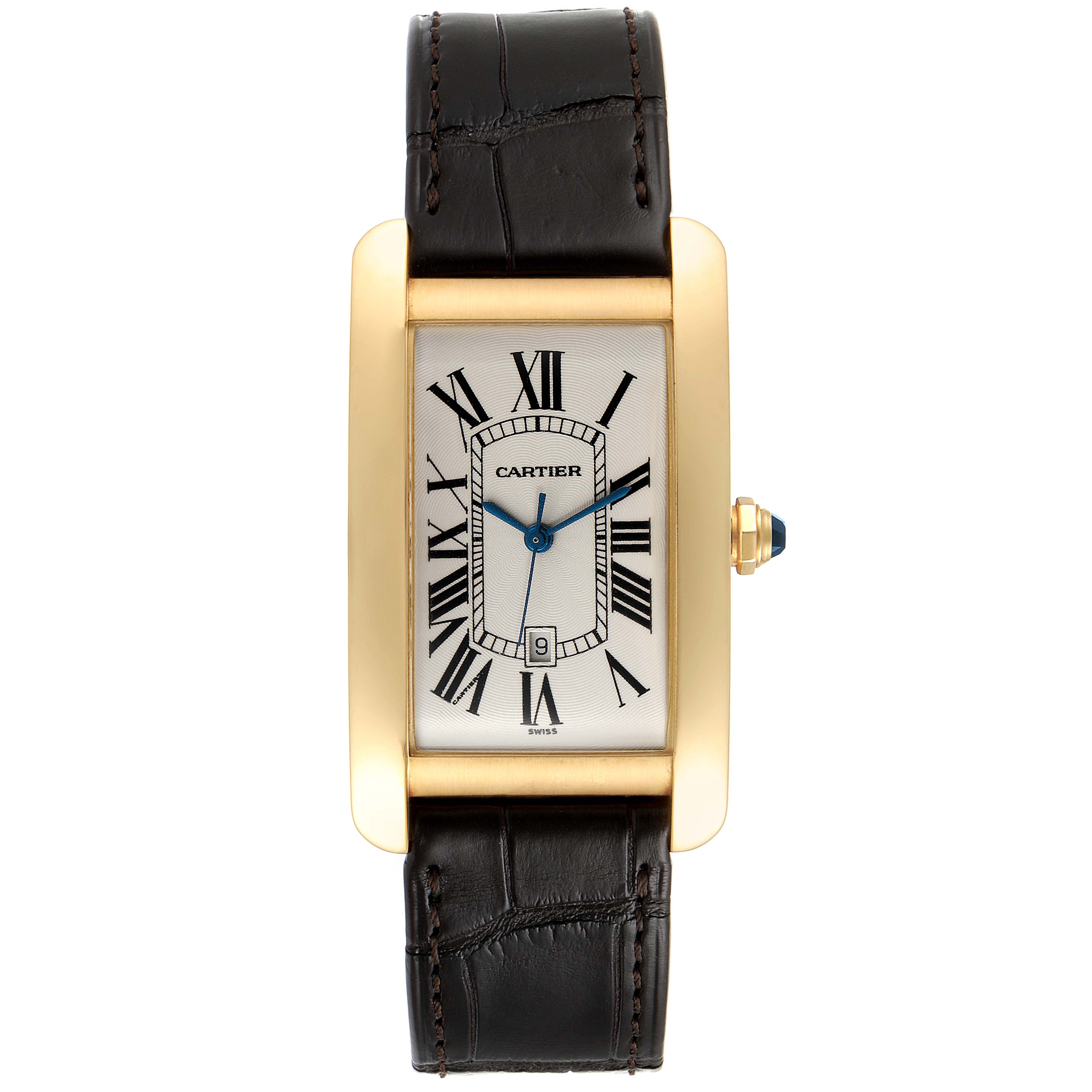 The Cartier Tank Americaine W2603156 Men
s Yellow Gold Silver Dial W2603156 Men
s Yellow Gold Silver Dial watch is shown from the front, displaying its rectangular face, Roman numerals, and leather strap.