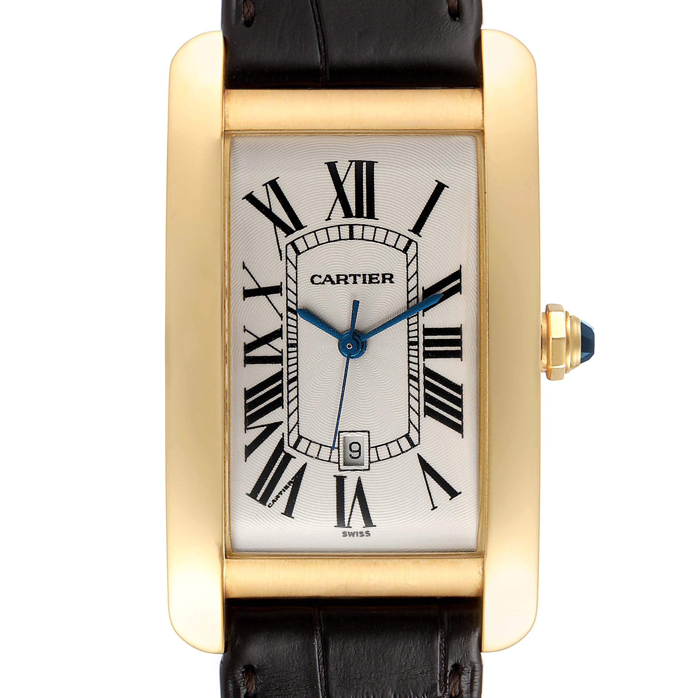 The image shows a Cartier Tank Americaine W2603156 Men
s Yellow Gold Silver Dial W2603156 Men
s Yellow Gold Silver Dial watch from a front angle, highlighting its rectangular face and leather strap.