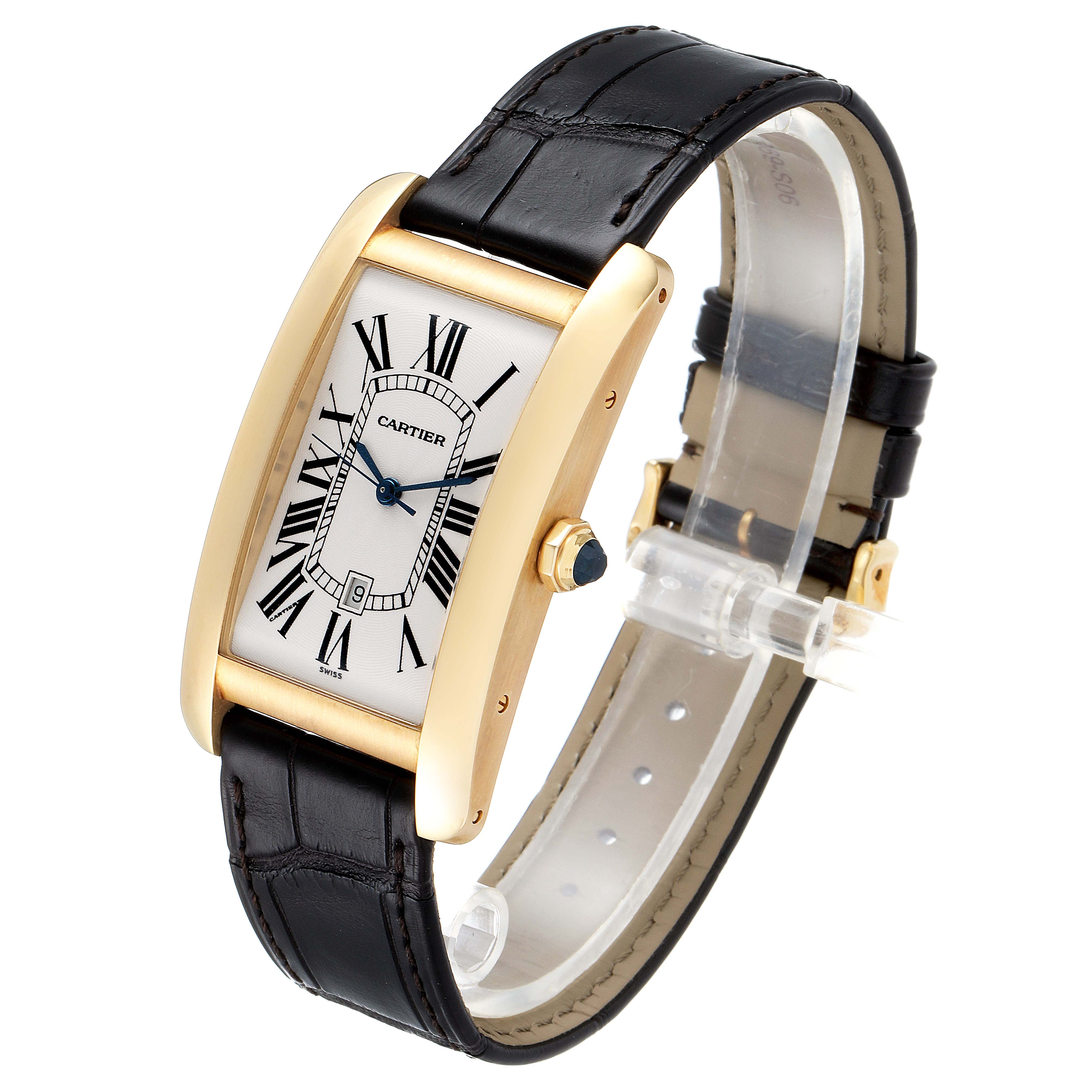 The Cartier Tank Americaine W2603156 Men
s Yellow Gold Silver Dial W2603156 Men
s Yellow Gold Silver Dial watch is shown at a slight angle, displaying its rectangular dial, gold case, and black leather strap.