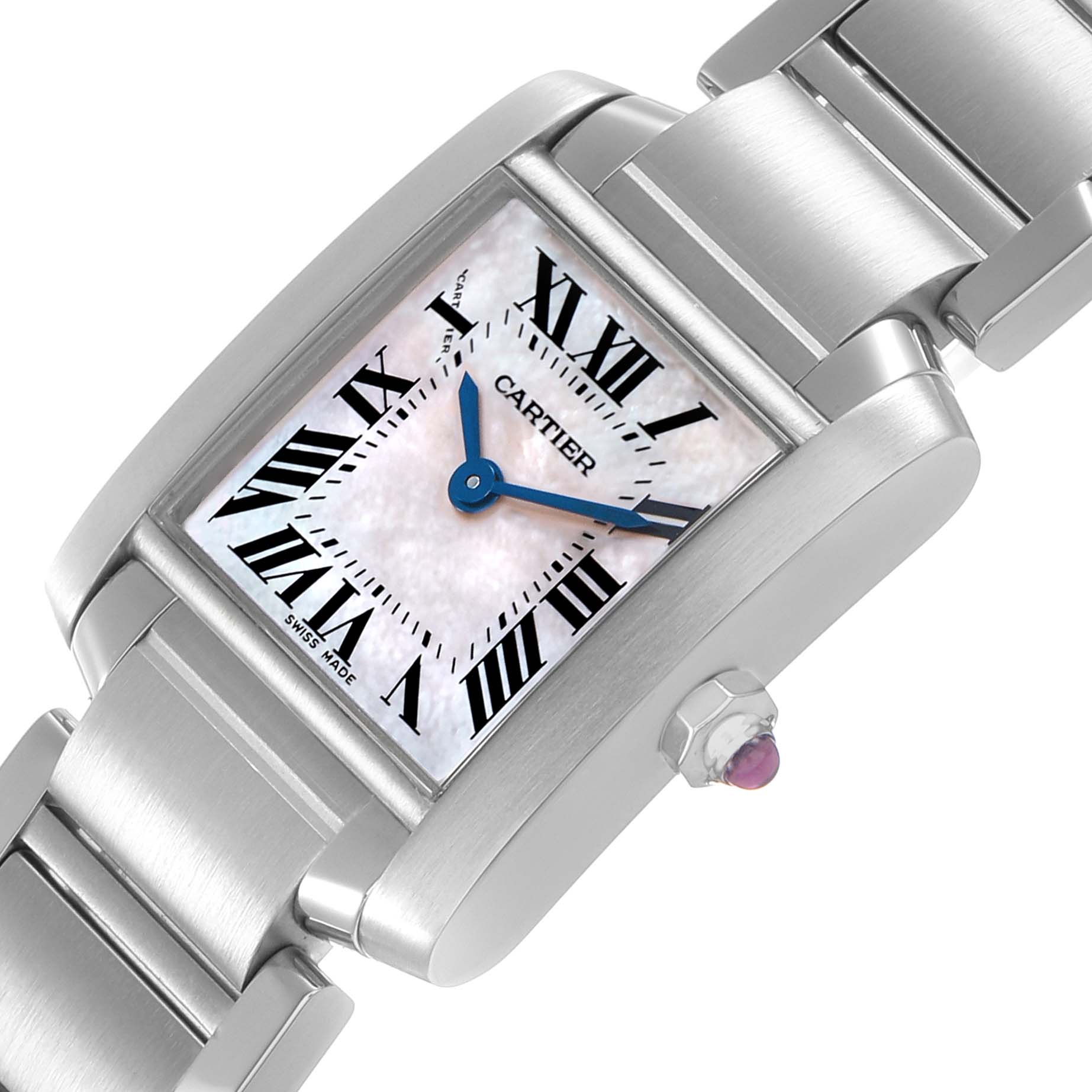 The Cartier Tank Francaise W51028Q3 Women's Stainless Steel Mother of Pearl Dial watch is shown at an angled close-up, highlighting the face, Roman numerals, and the crown with a colored jewel.